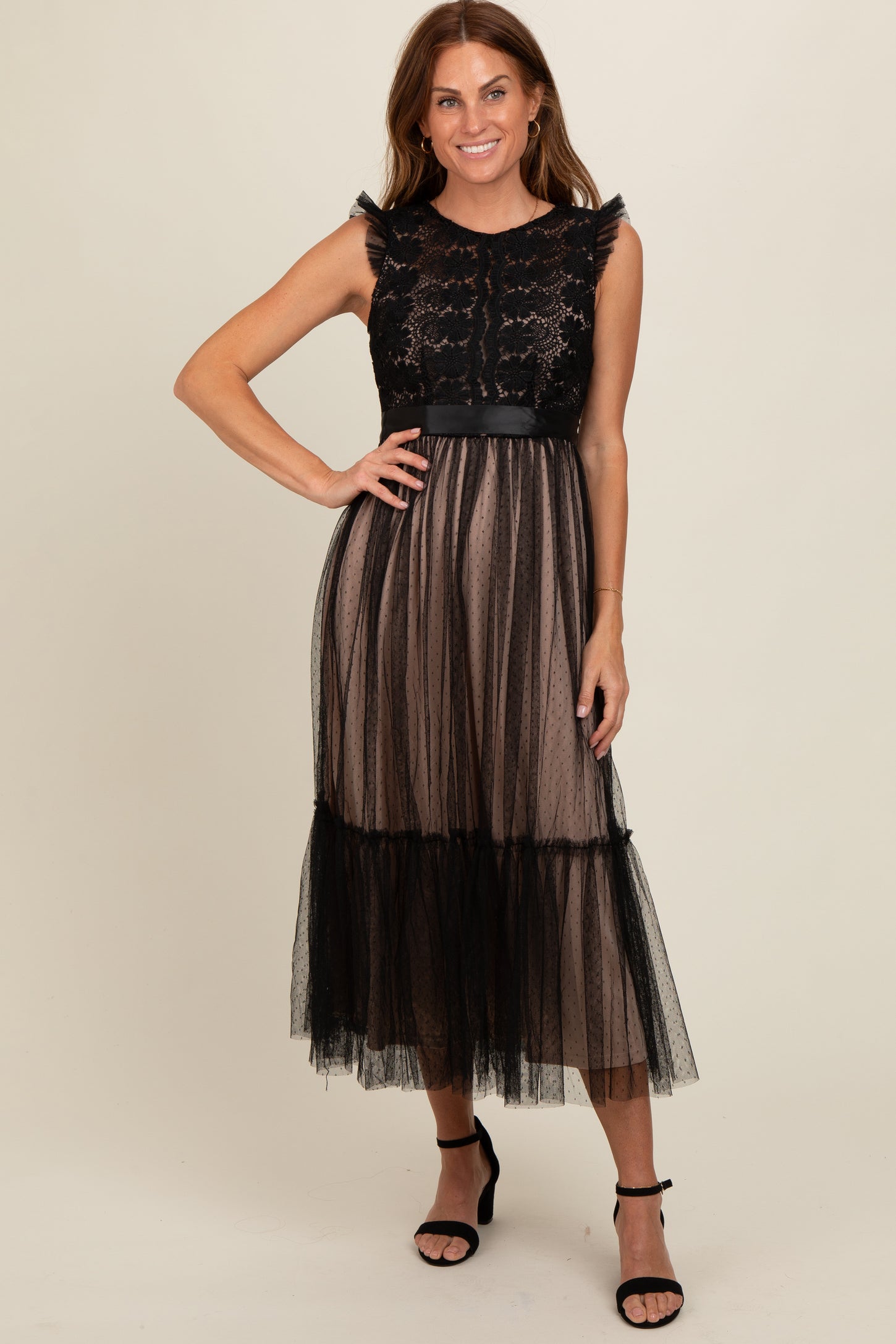Black Lace Contrast Tulle Maternity Maxi Dress Black Lace Contrast Tulle Maternity Maxi Dress