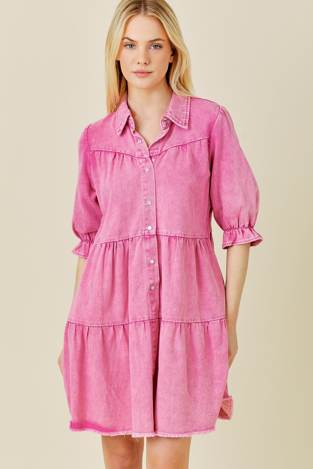 Pink Denim Tiered Button Down Maternity Dress – PinkBlush