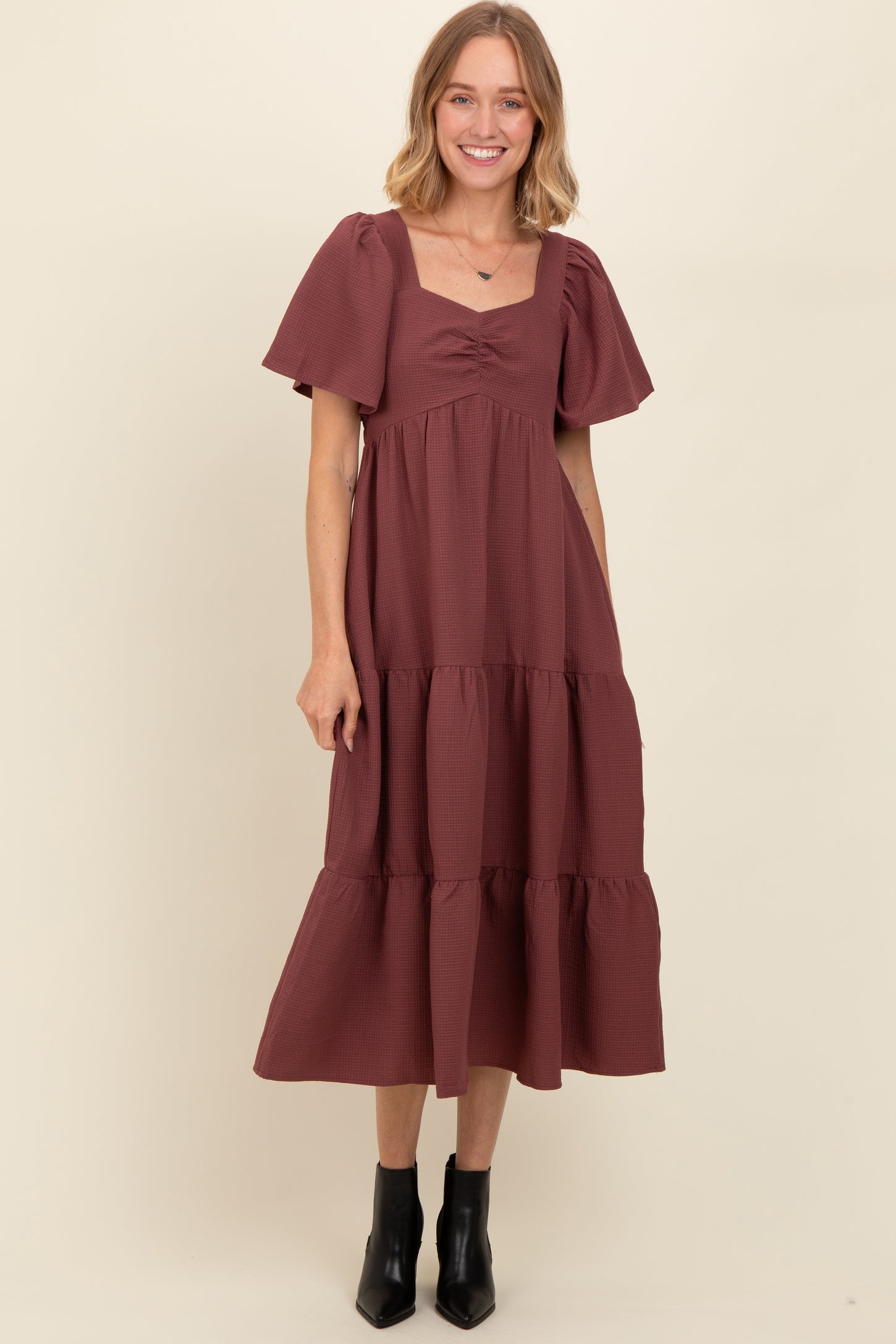 Burgundy Sweetheart Neck Short Puff Sleeve Tiered Midi Dress PinkBlush Burgundy Sweetheart Neck Short Puff Sleeve Tiered Midi Dress PinkBlush