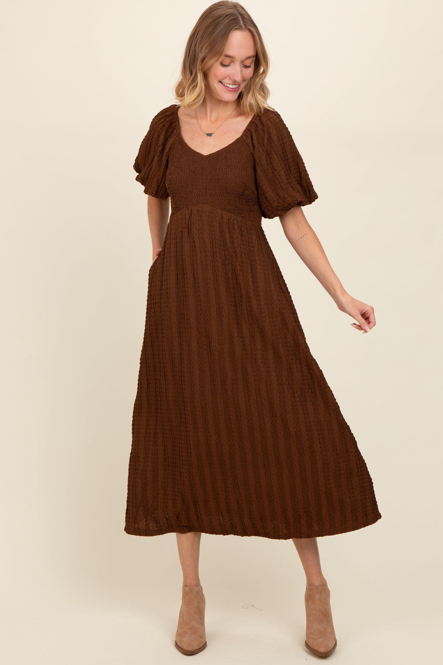brown textured midi dress It's A Match Brown Textured Midi Dress, Medium - The Mint Julep Boutique
