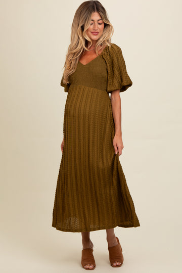 Olive Smocked V-Neck Short Puff Sleeve Textured Maternity Midi Dress