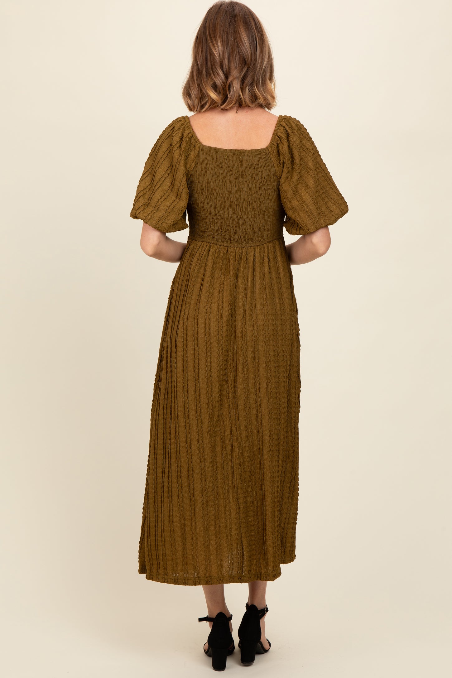 Olive Smocked V-Neck Short Puff Sleeve Textured Midi Dress