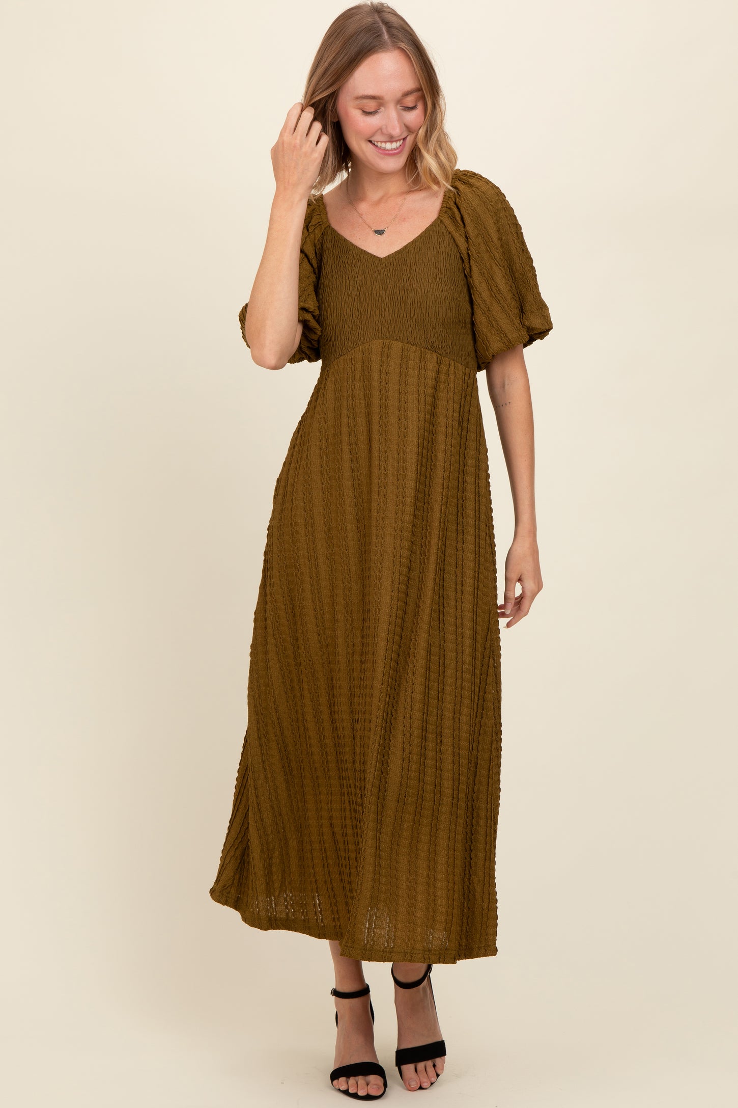 Olive Smocked V-Neck Short Puff Sleeve Textured Midi Dress Olive Smocked V-Neck Short Puff Sleeve Textured Midi Dress