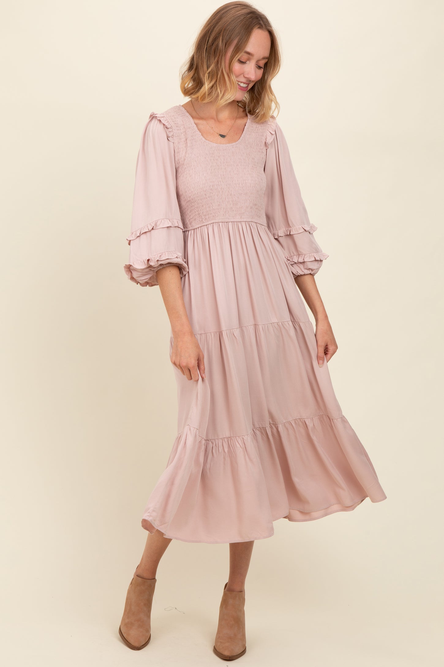 Mauve Smocked Ruffle Shoulder Tiered Maternity Midi Dress