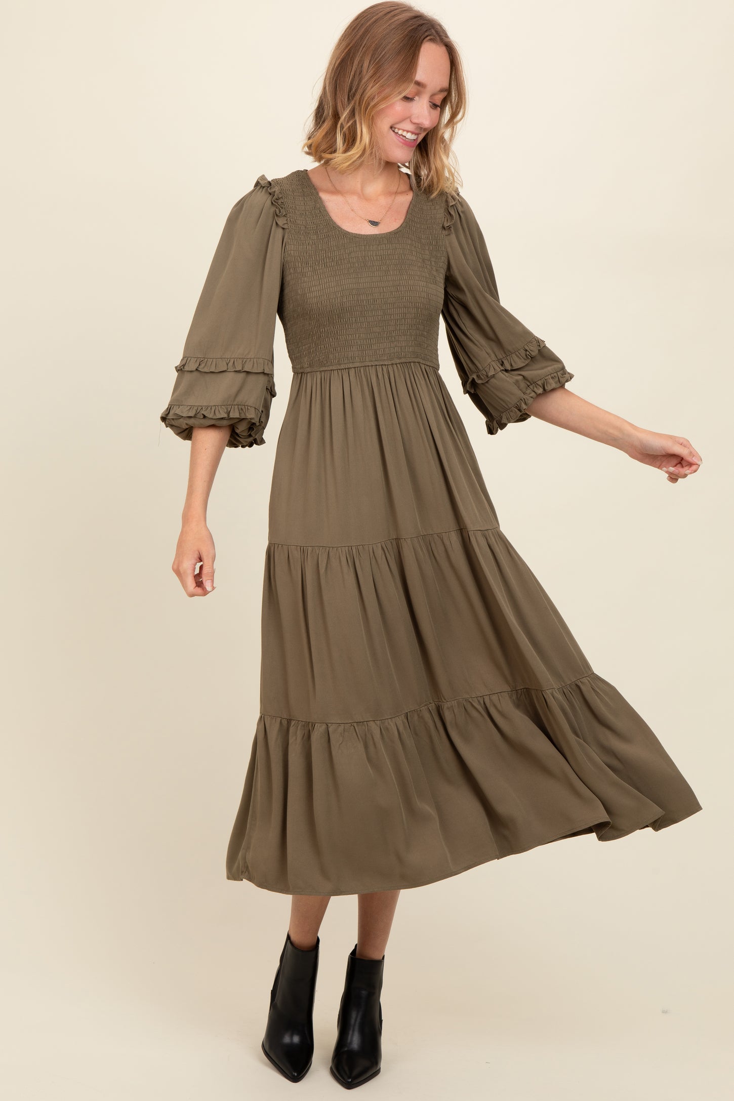 Olive Smocked Ruffle Shoulder Tiered Maternity Midi Dress