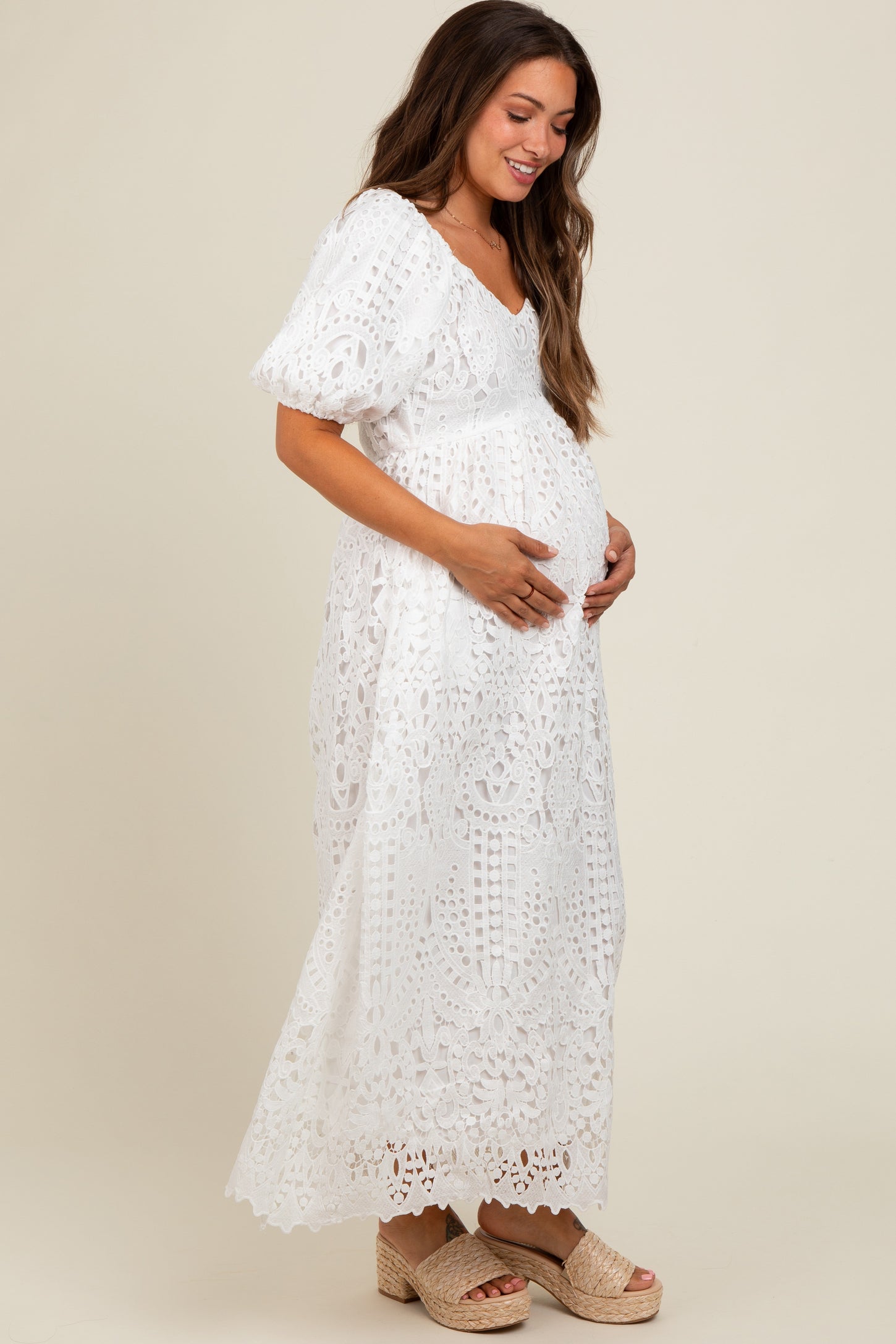 Ivory Eyelet Lace Maternity Midi Dress PinkBlush Ivory Eyelet Lace Maternity Midi Dress PinkBlush