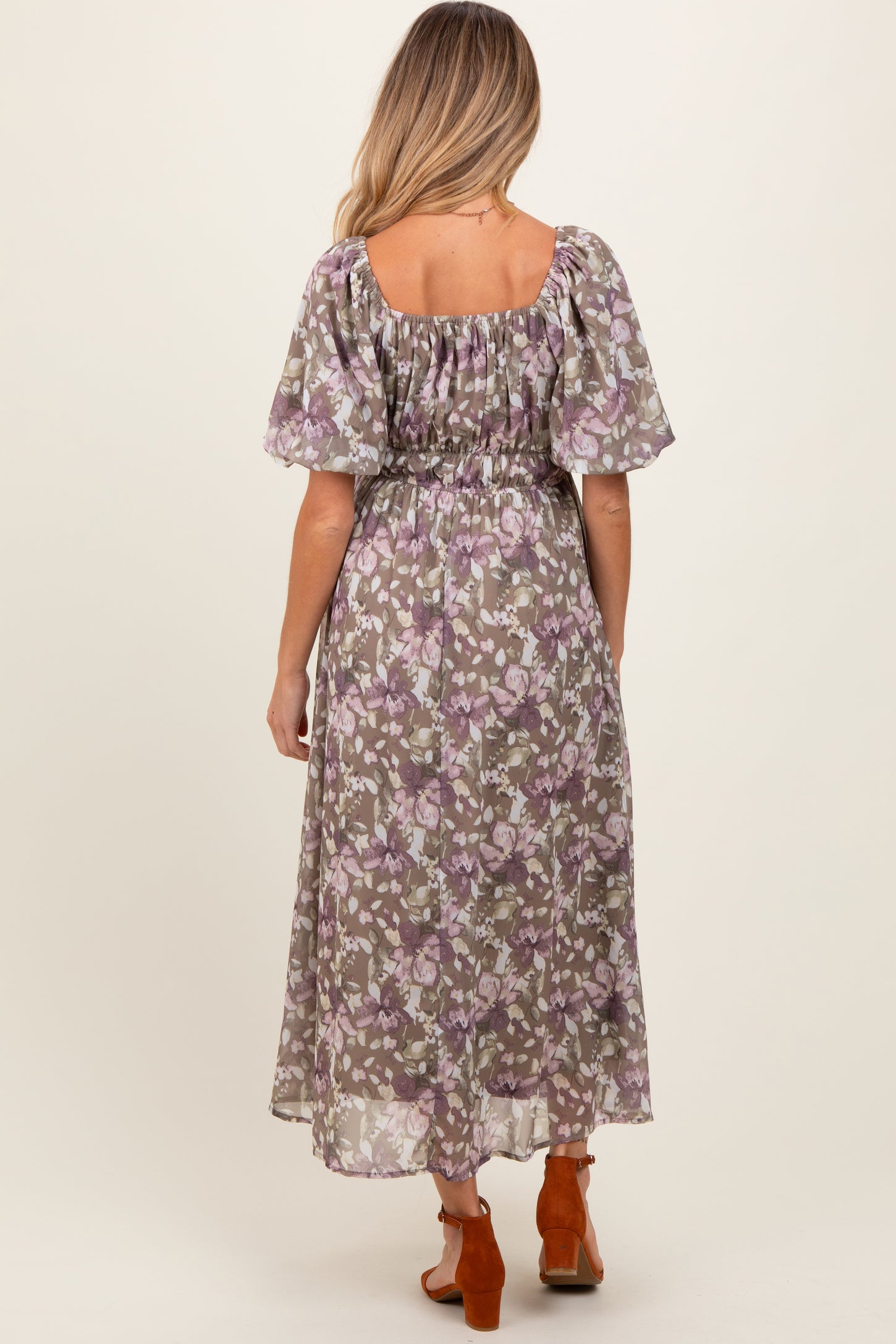 Taupe Floral Square Neck Short Puff Sleeve Maternity Midi Dress