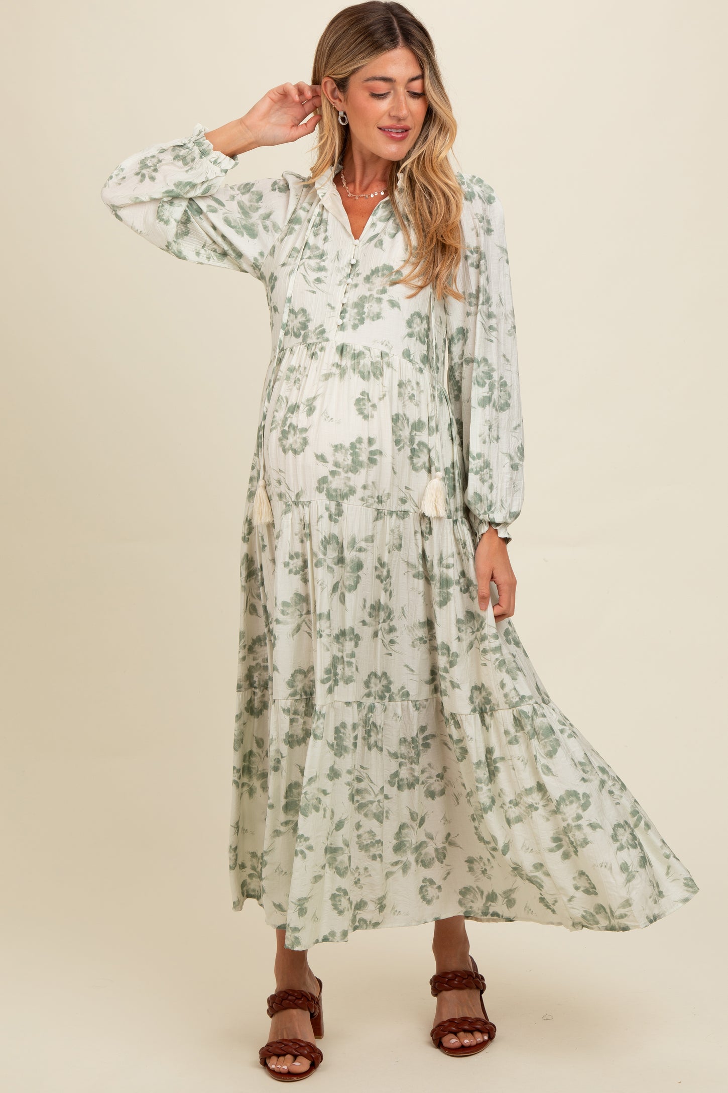 Olive Floral Button Front Tiered Long Sleeve Maternity Maxi Dress – PinkBlush