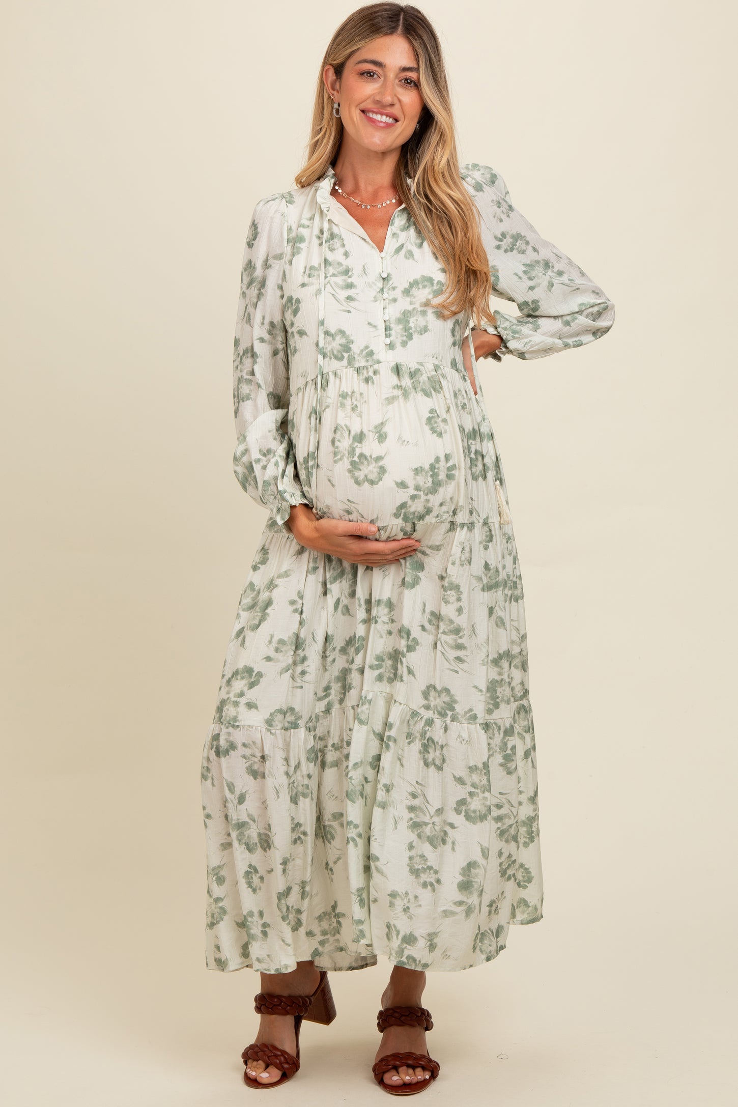 Olive Floral Button Front Tiered Long Sleeve Maternity Maxi Dress PinkBlush Olive Floral Button Front Tiered Long Sleeve Maternity Maxi Dress PinkBlush