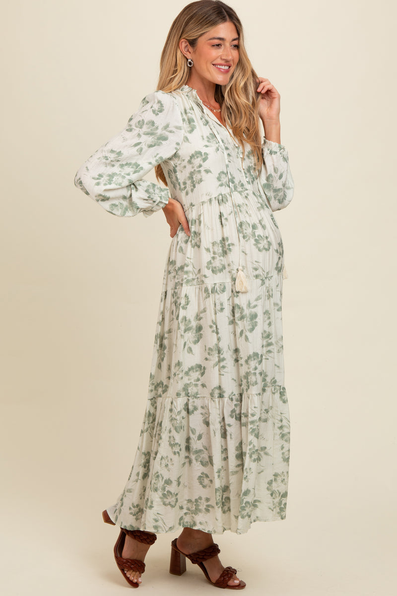 Ofably Flower Maternity Maxi Button Feeding -Light Blue (OFMX002)