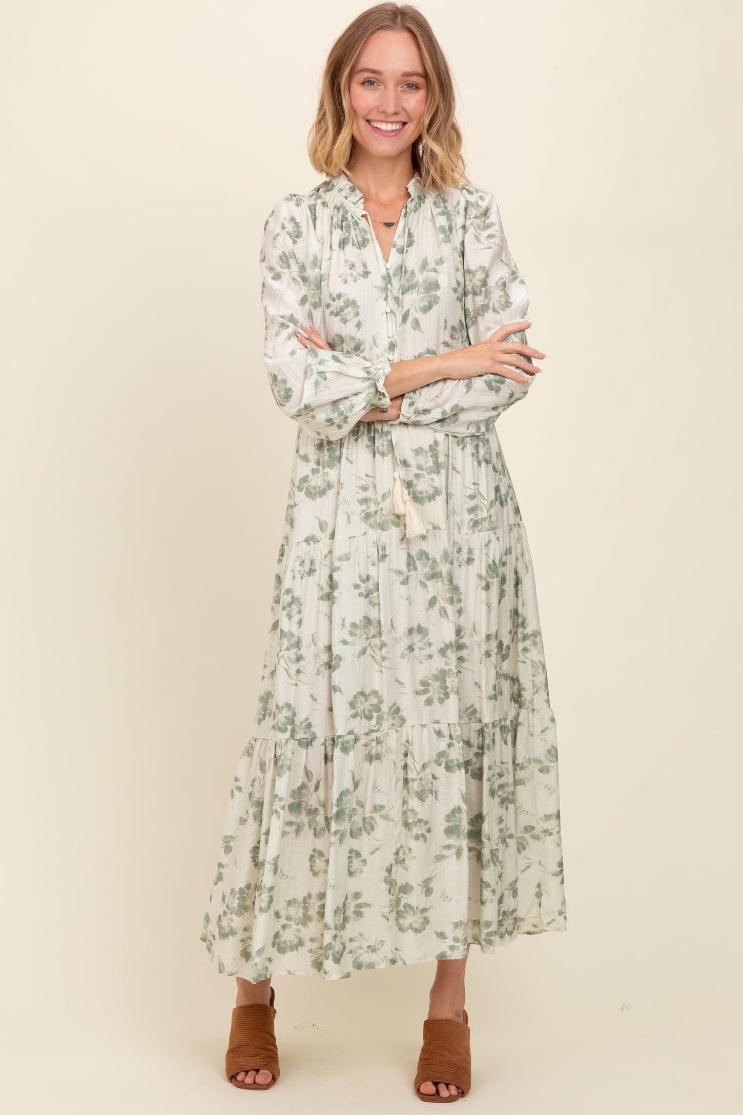 knee length dresses for ladies Olive Floral Button Front Tiered Long Sleeve Maternity Maxi Dress –  PinkBlush