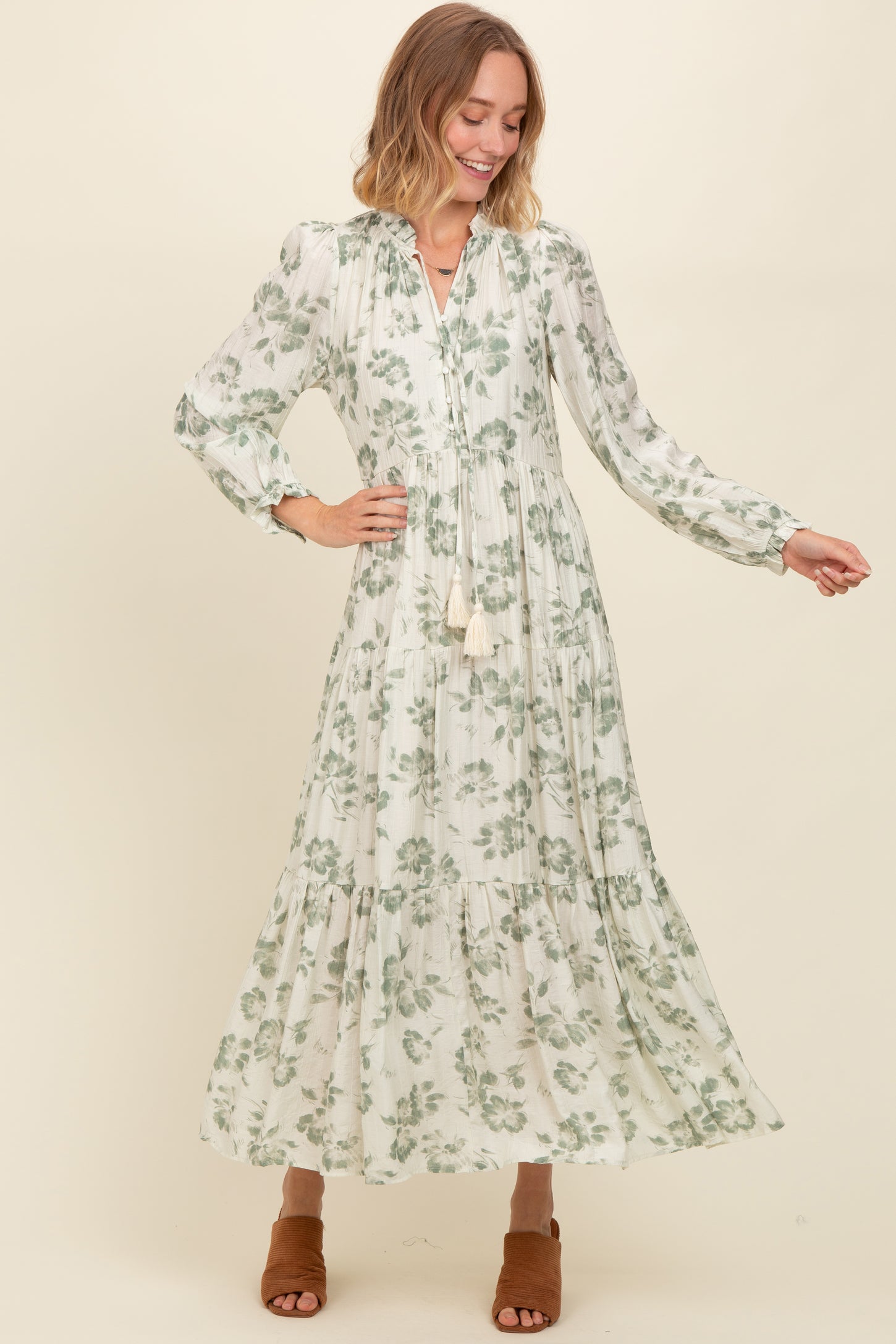 Olive Floral Button Front Tiered Long Sleeve Maxi Dress