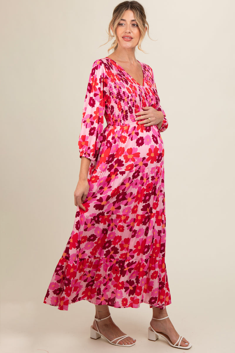 Pink Floral Wrap Front Smocked V-Neck Tiered Maternity Midi Dress ...