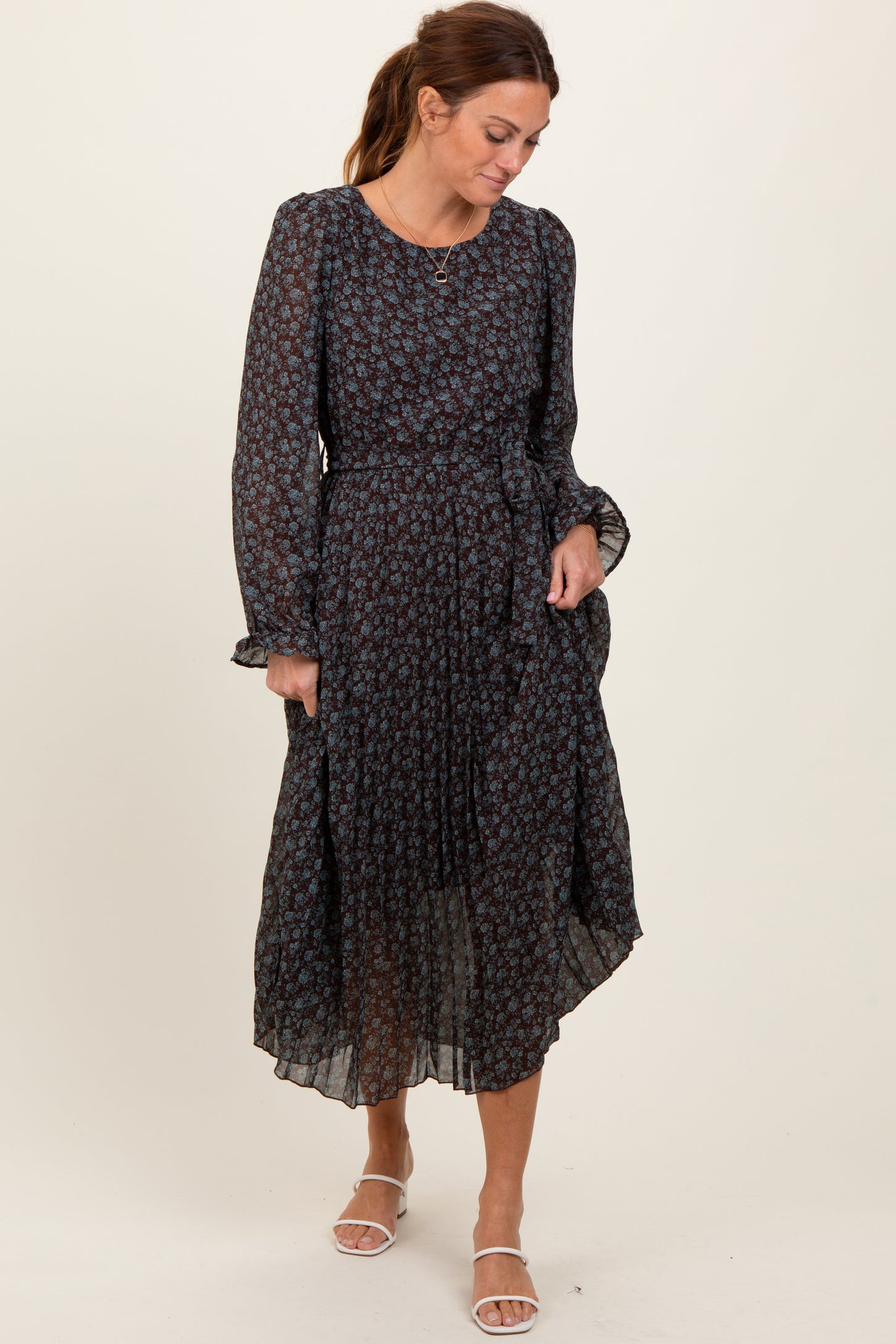 Brown Floral Front Tie Pleated Maternity Midi Dress PinkBlush Brown Floral Front Tie Pleated Maternity Midi Dress PinkBlush
