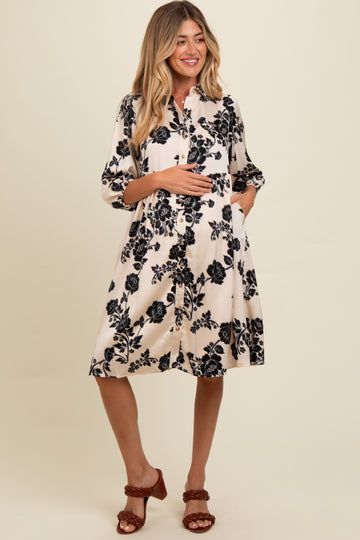 Cream Floral Button Down Collared Maternity Dress