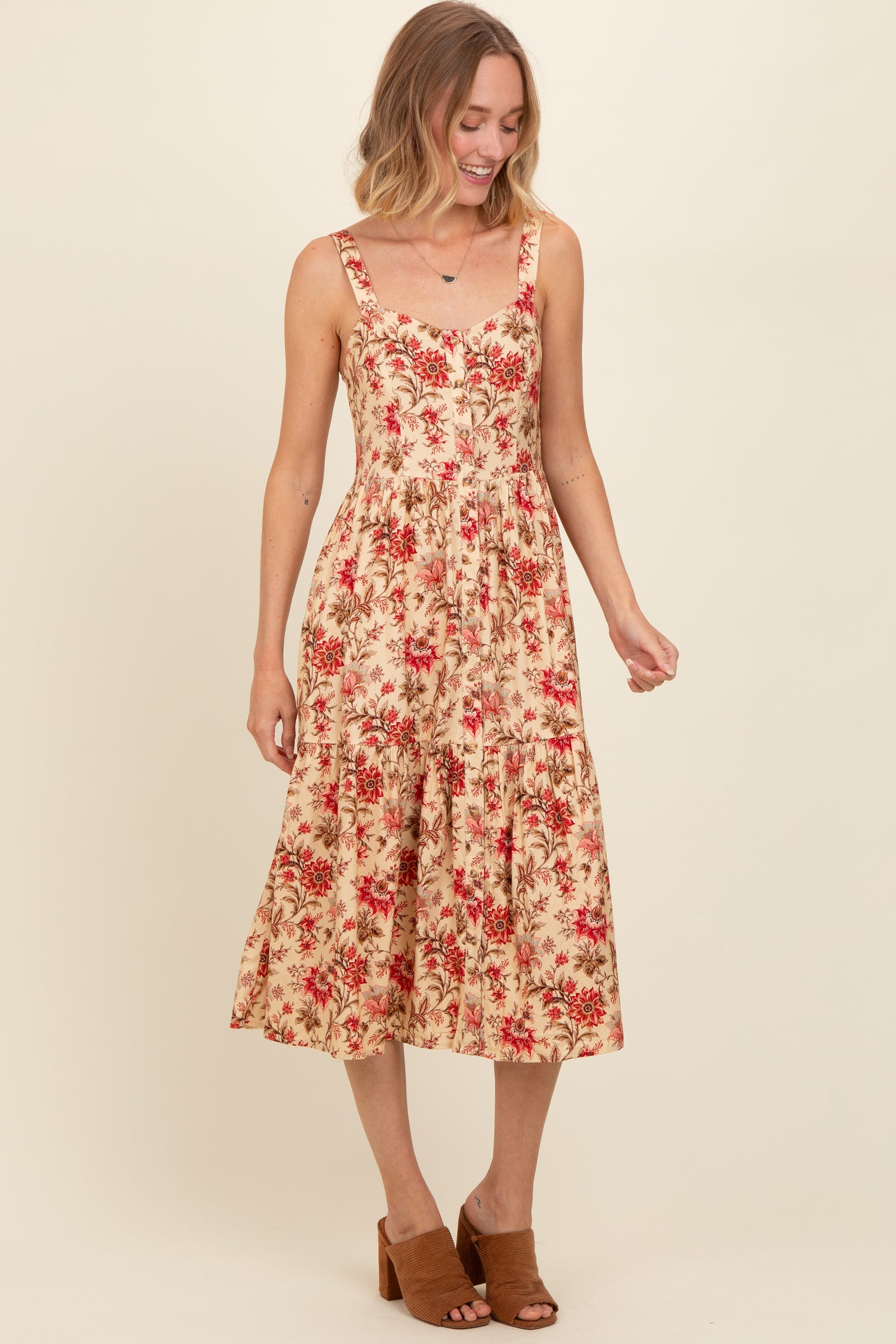 Cream Floral Sweetheart Neck Button Down Maternity Midi Dress