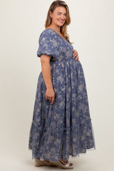 Navy Floral Mesh Square Neck Short Puff Sleeve Maternity Plus Midi Dress