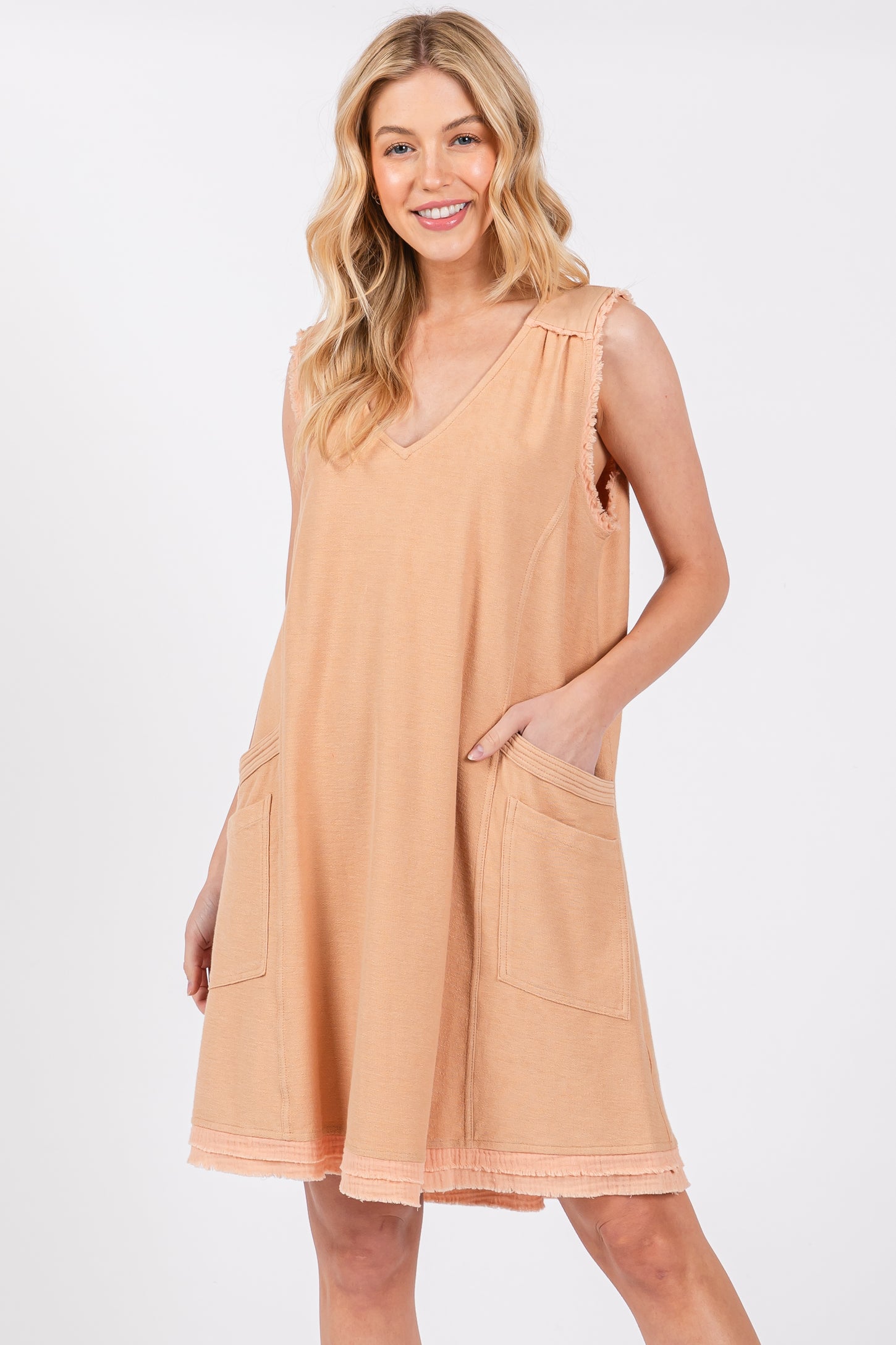 Peach Double Pocket Frayed Trim Maternity Dress