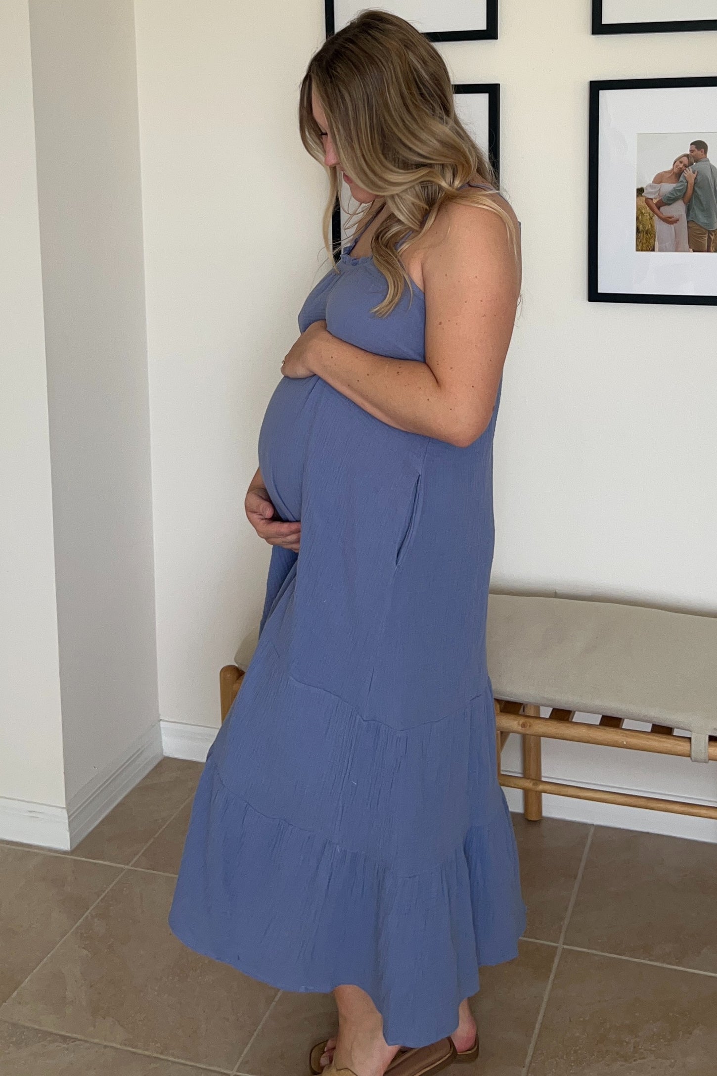Blue Tiered Hem Maternity Midi Dress