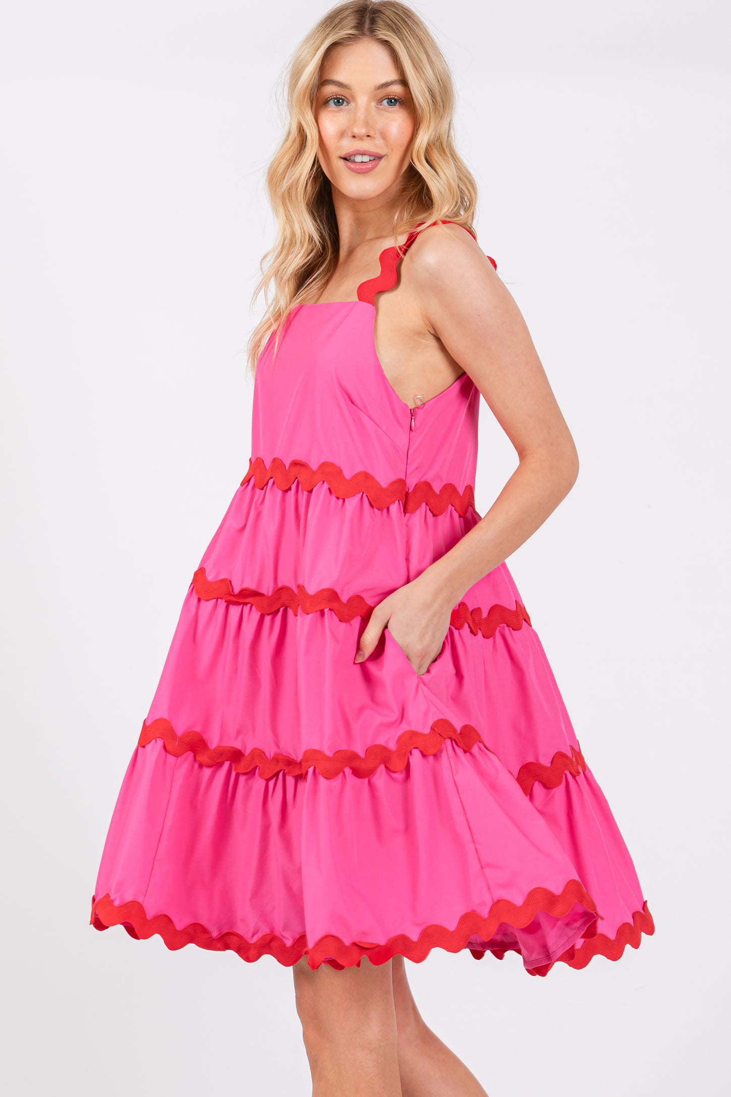 Fuchsia Contrast Trim Tiered Dress Fuchsia Contrast Trim Tiered Dress