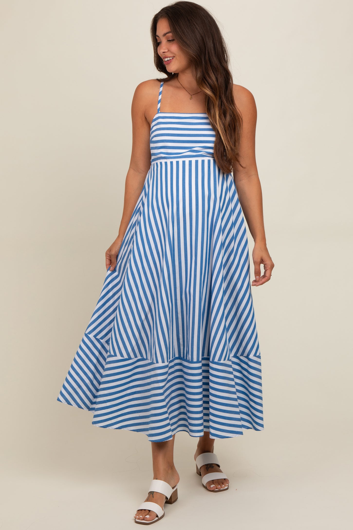 Blue Contrast Stripe Maternity Midi Dress PinkBlush Blue Contrast Stripe Maternity Midi Dress PinkBlush