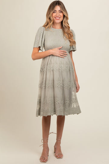Sage Smocked Embroidered Mesh Maternity Dress