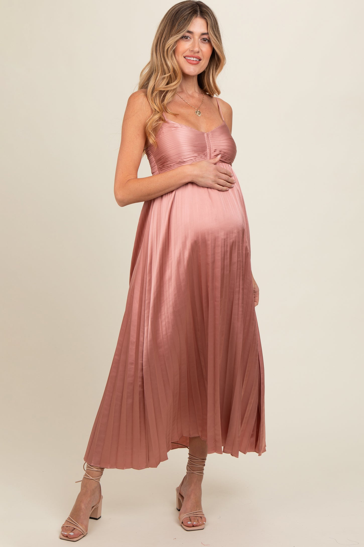 Pink Satin Pleated Maternity Midi Dress PinkBlush Pink Satin Pleated Maternity Midi Dress PinkBlush