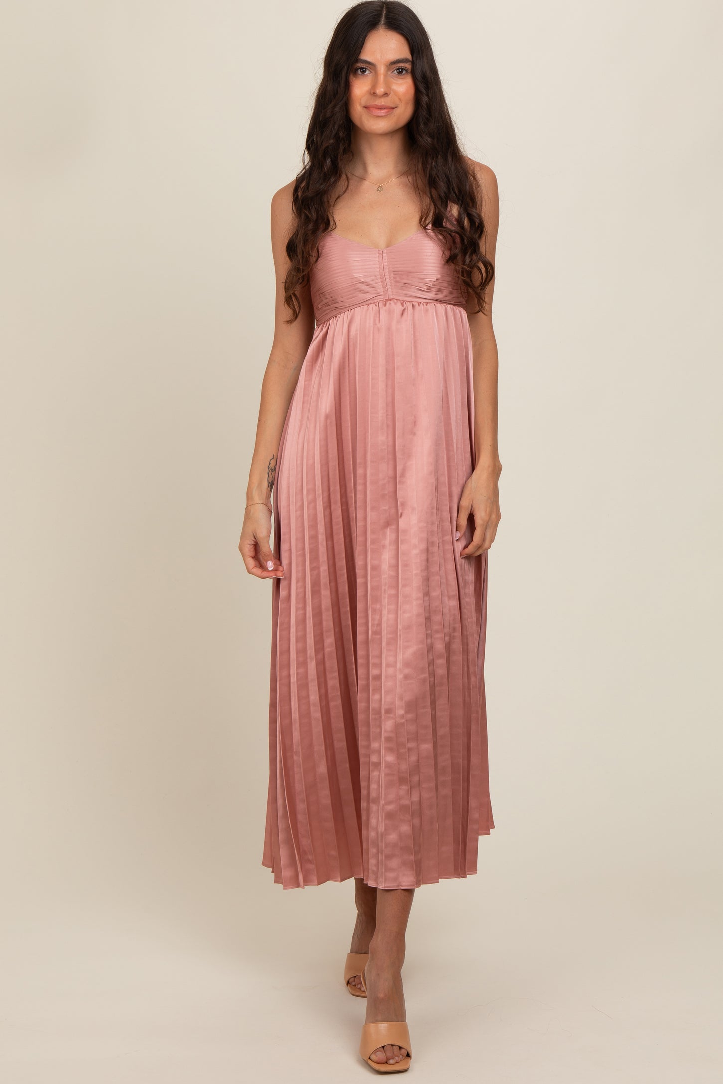 Pink Satin Pleated Midi Dress PinkBlush Pink Satin Pleated Midi Dress PinkBlush