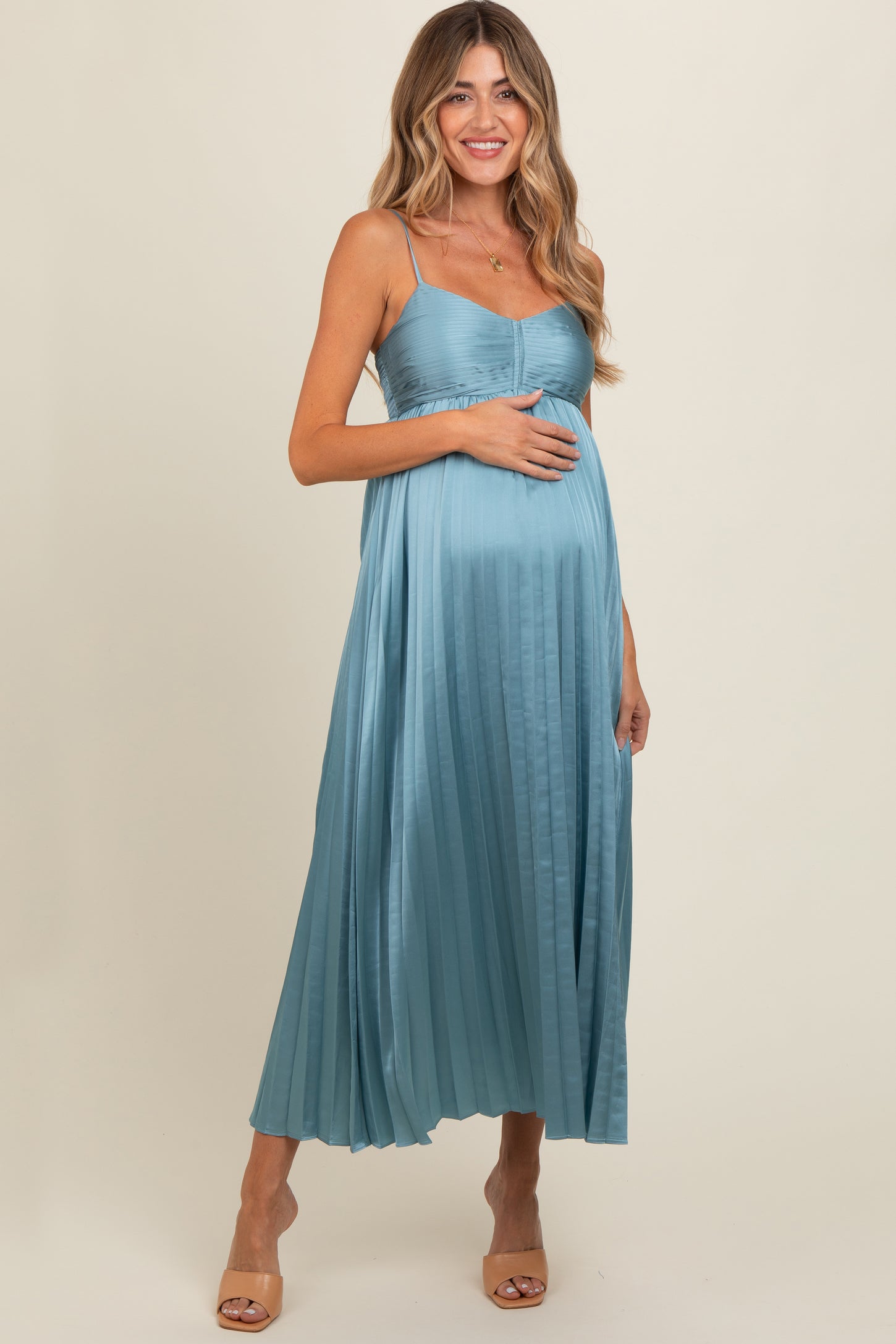 satin blue maternity dress Azazie Rhea Stretch Satin Dress