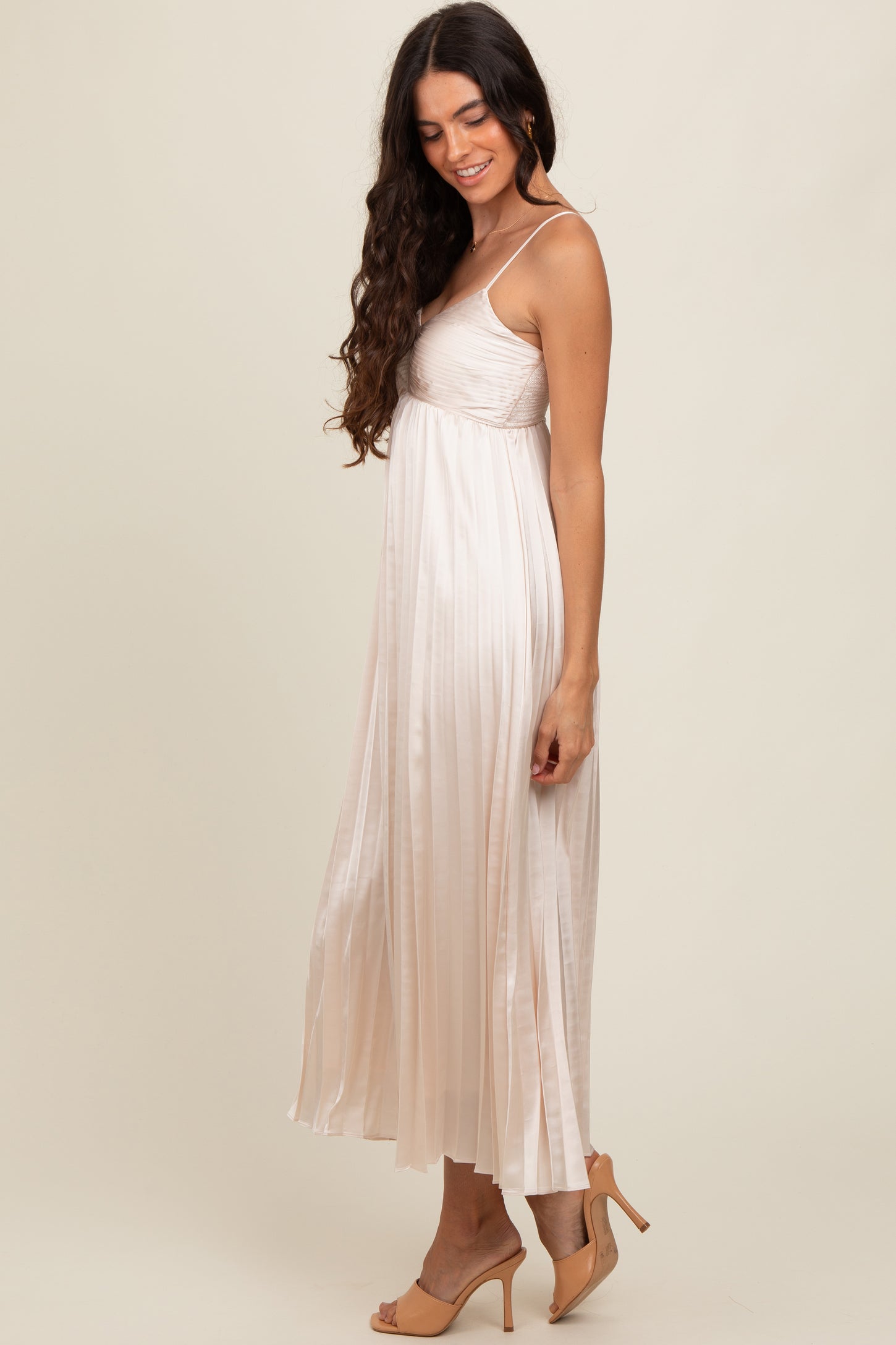 cream pleated dress Cream Pleated V Neck Maternity Maxi Dress