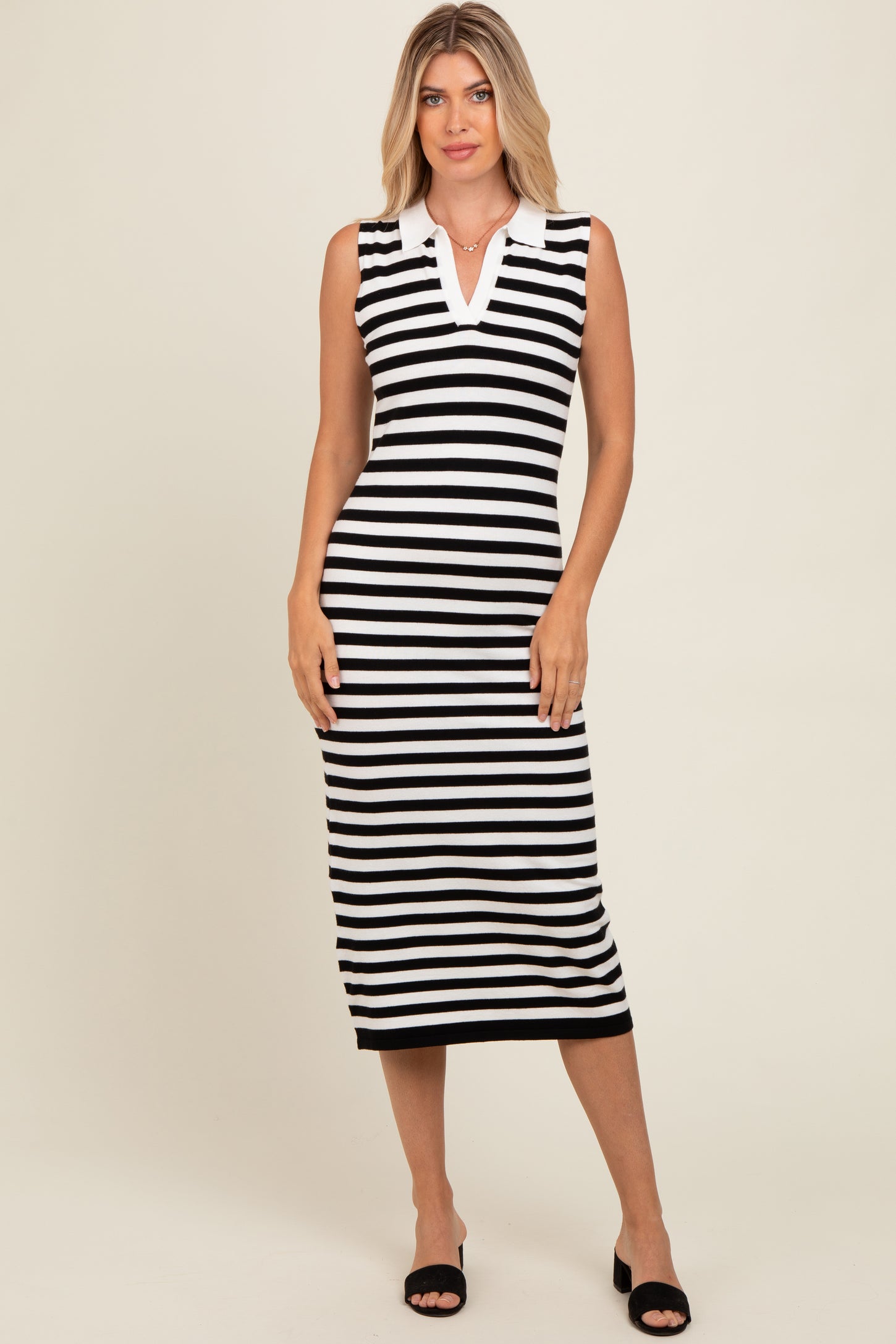 Black Striped Fitted Polo Midi Dress PinkBlush Black Striped Fitted Polo Midi Dress PinkBlush