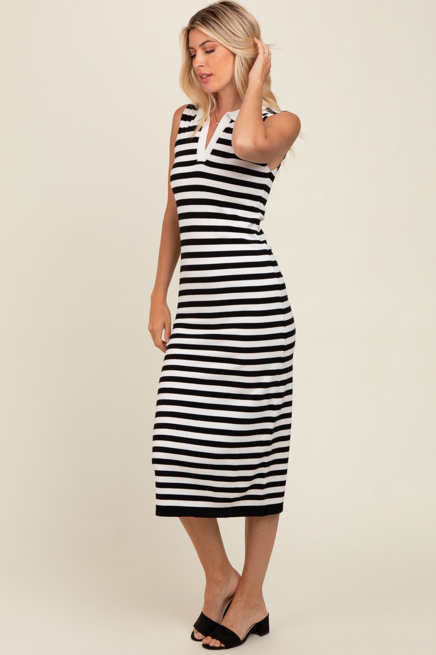 Black Striped Fitted Polo Midi Dress