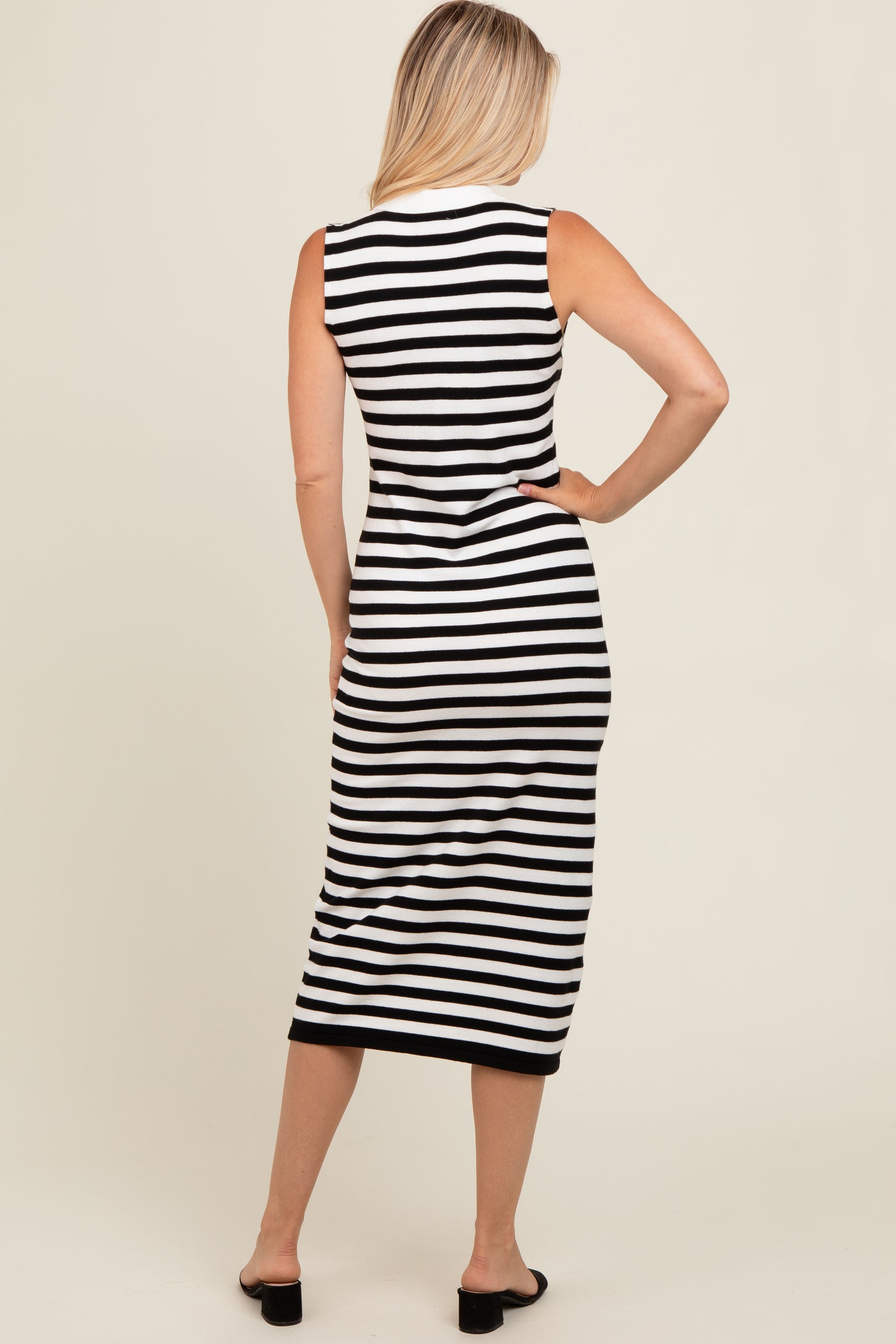 Black Striped Fitted Polo Midi Dress PinkBlush Black Striped Fitted Polo Midi Dress PinkBlush