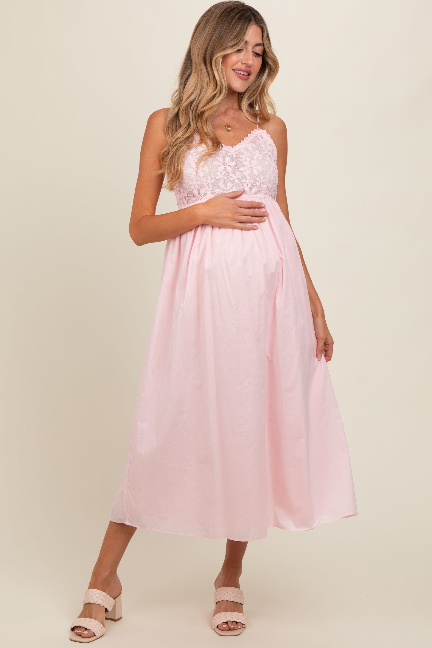 Light Pink Floral Crochet Contrast Maternity Midi Dress Light Pink Floral Crochet Contrast Maternity Midi Dress