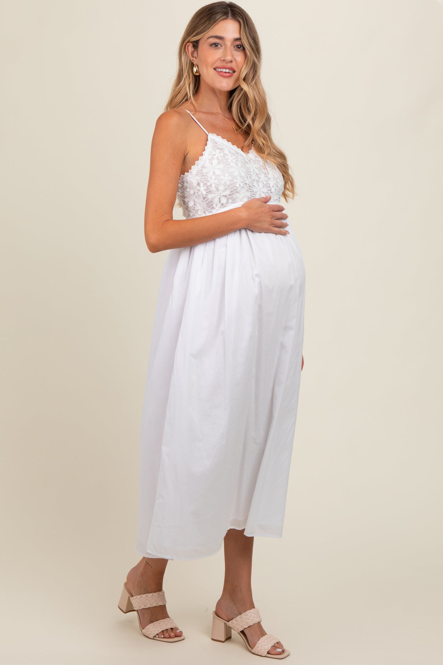 White Floral Crochet Contrast Maternity Midi Dress PinkBlush White Floral Crochet Contrast Maternity Midi Dress PinkBlush