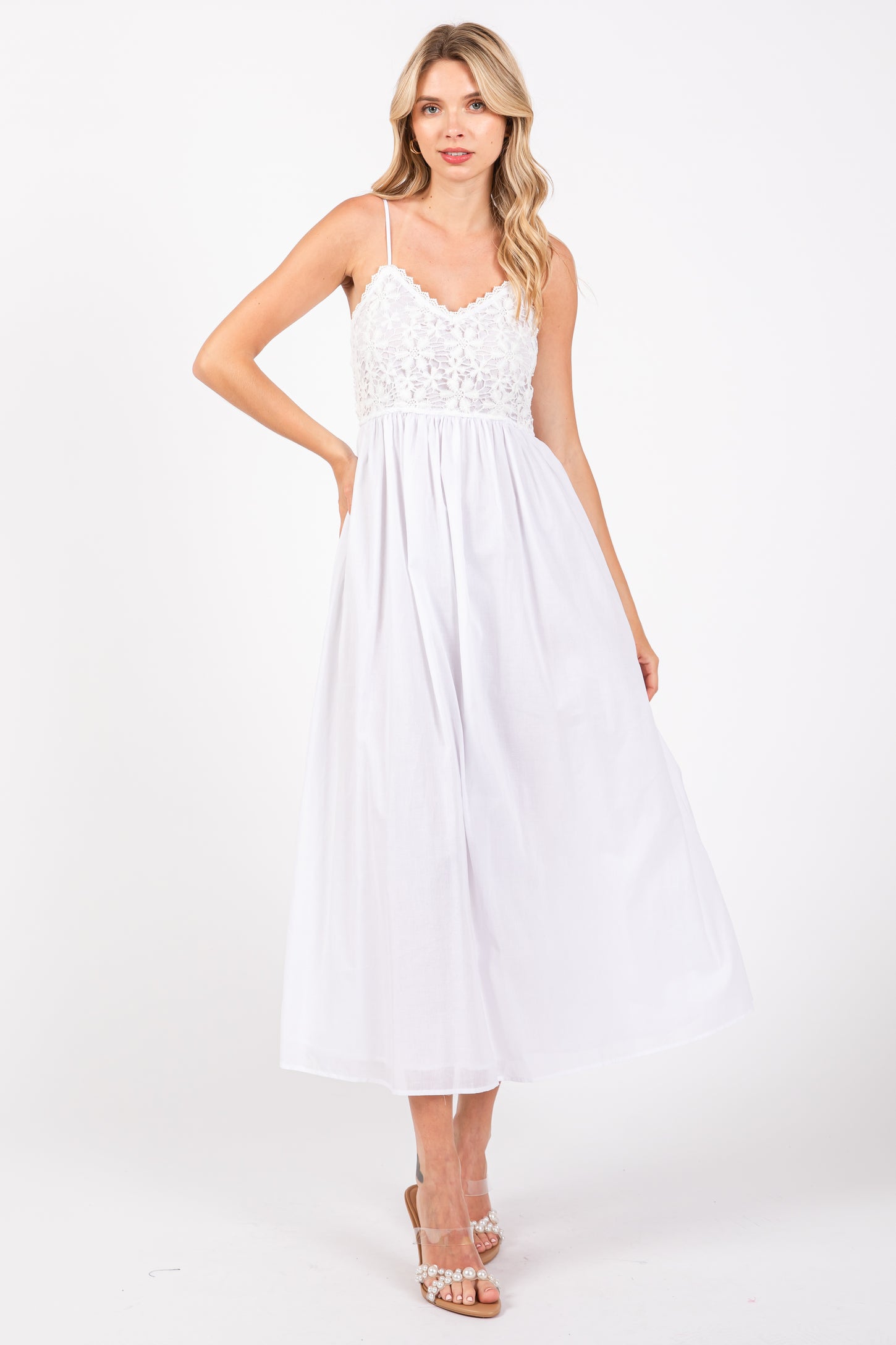White Floral Crochet Contrast Maternity Midi Dress PinkBlush White Floral Crochet Contrast Maternity Midi Dress PinkBlush