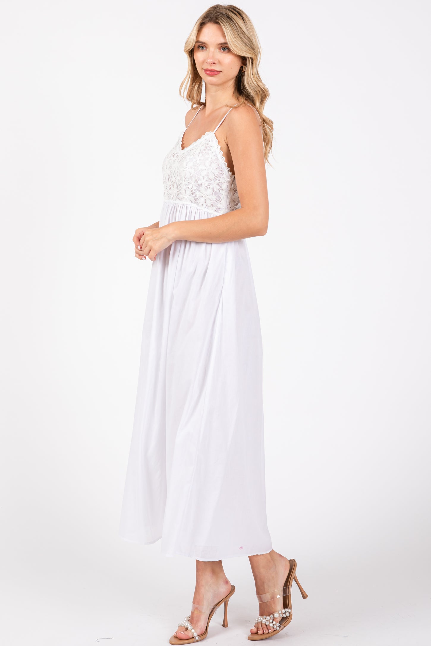 White Floral Crochet Contrast Midi Dress