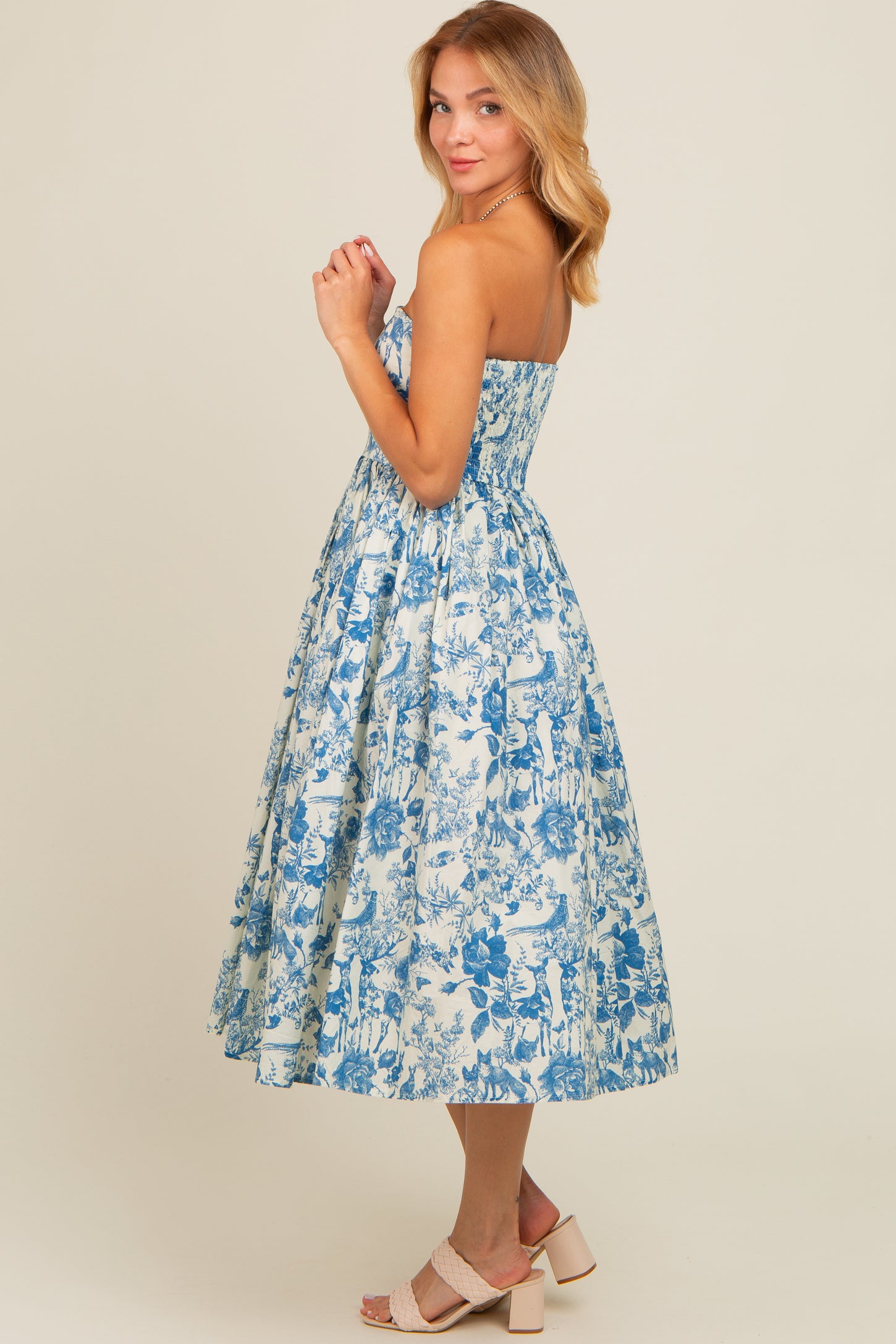Blue Floral Strapless Midi Dress PinkBlush Blue Floral Strapless Midi Dress PinkBlush