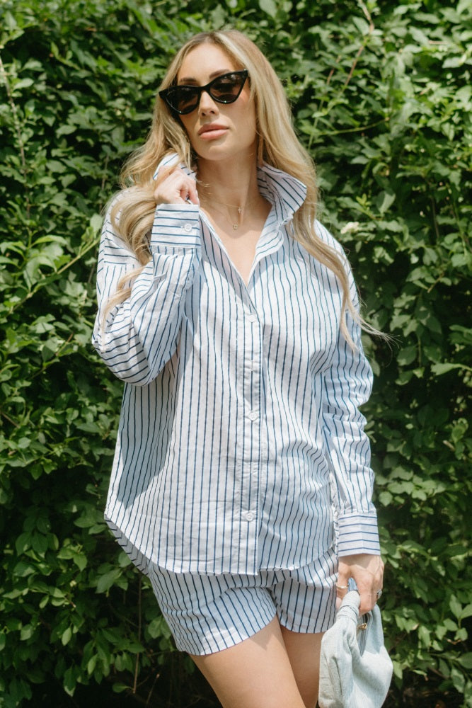 White Striped Button Down Top And Shorts Maternity Set