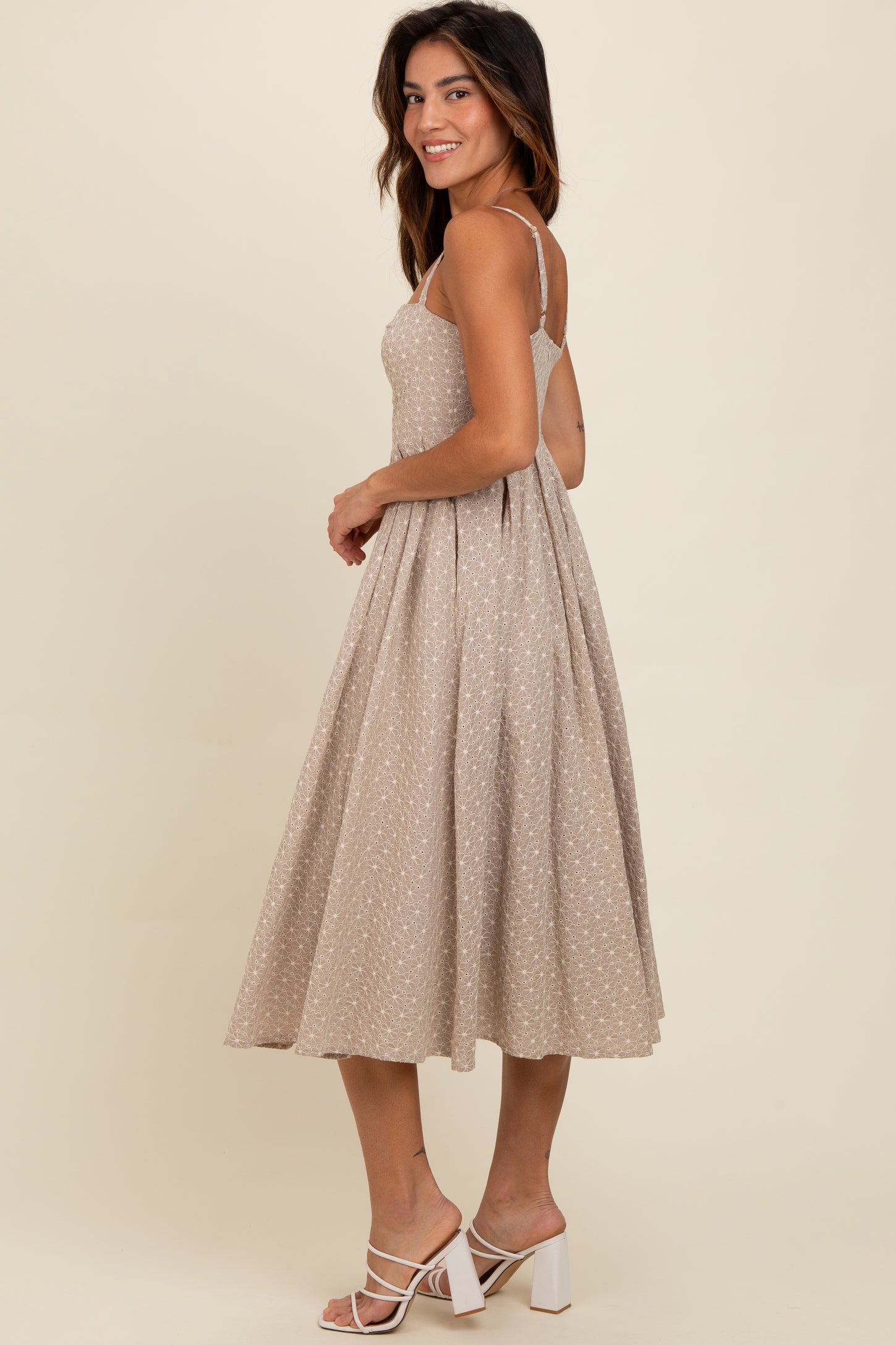 Beige Floral Embroidered Maxi Dress