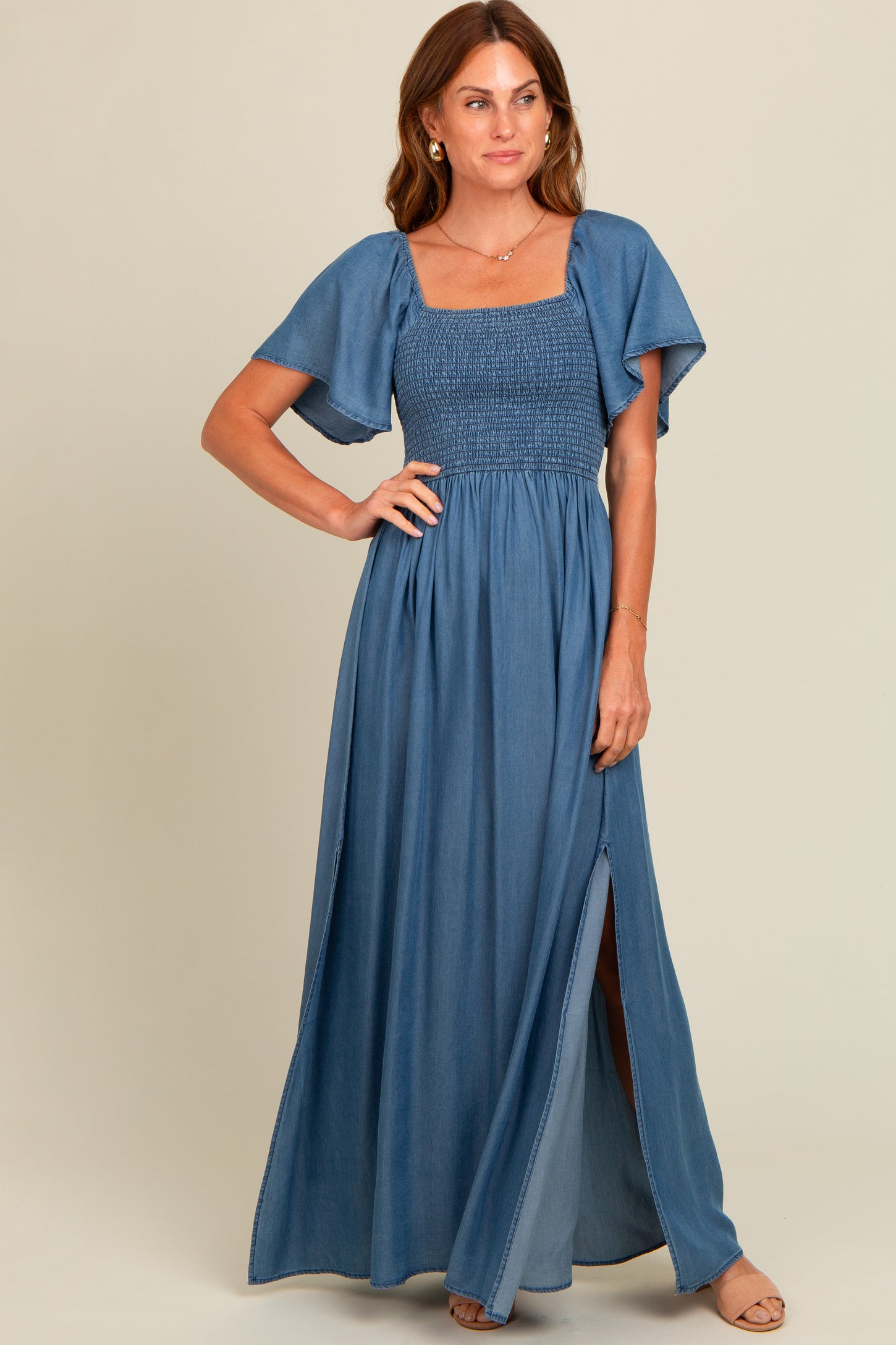 Blue Chambray Smocked Maternity Maxi Dress Blue Chambray Smocked Maternity Maxi Dress