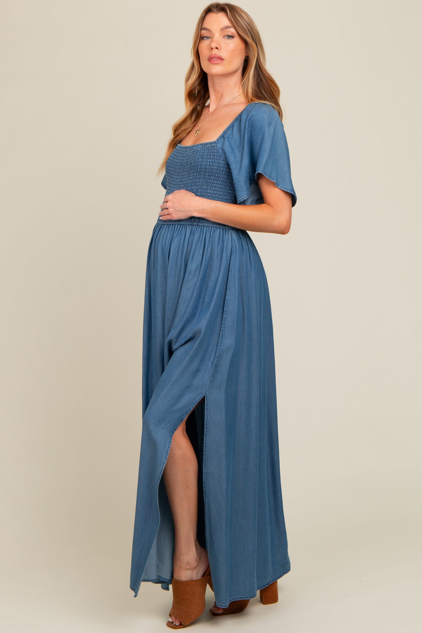Blue Chambray Smocked Maternity Maxi Dress Blue Chambray Smocked Maternity Maxi Dress