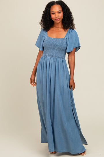 Light Blue Chambray Smocked Maxi Dress