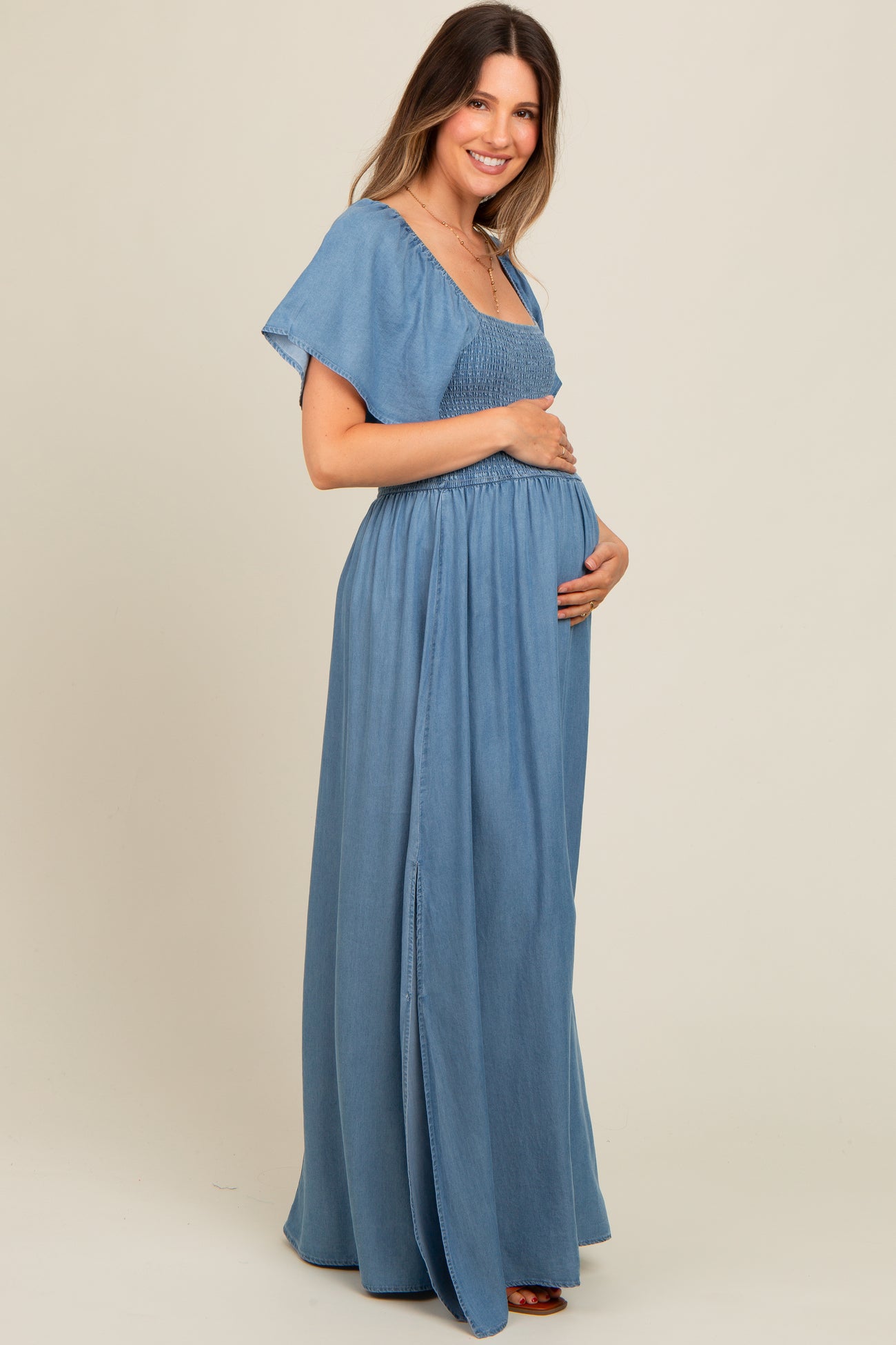 Light Blue Chambray Smocked Maternity Maxi Dress PinkBlush Light Blue Chambray Smocked Maternity Maxi Dress PinkBlush