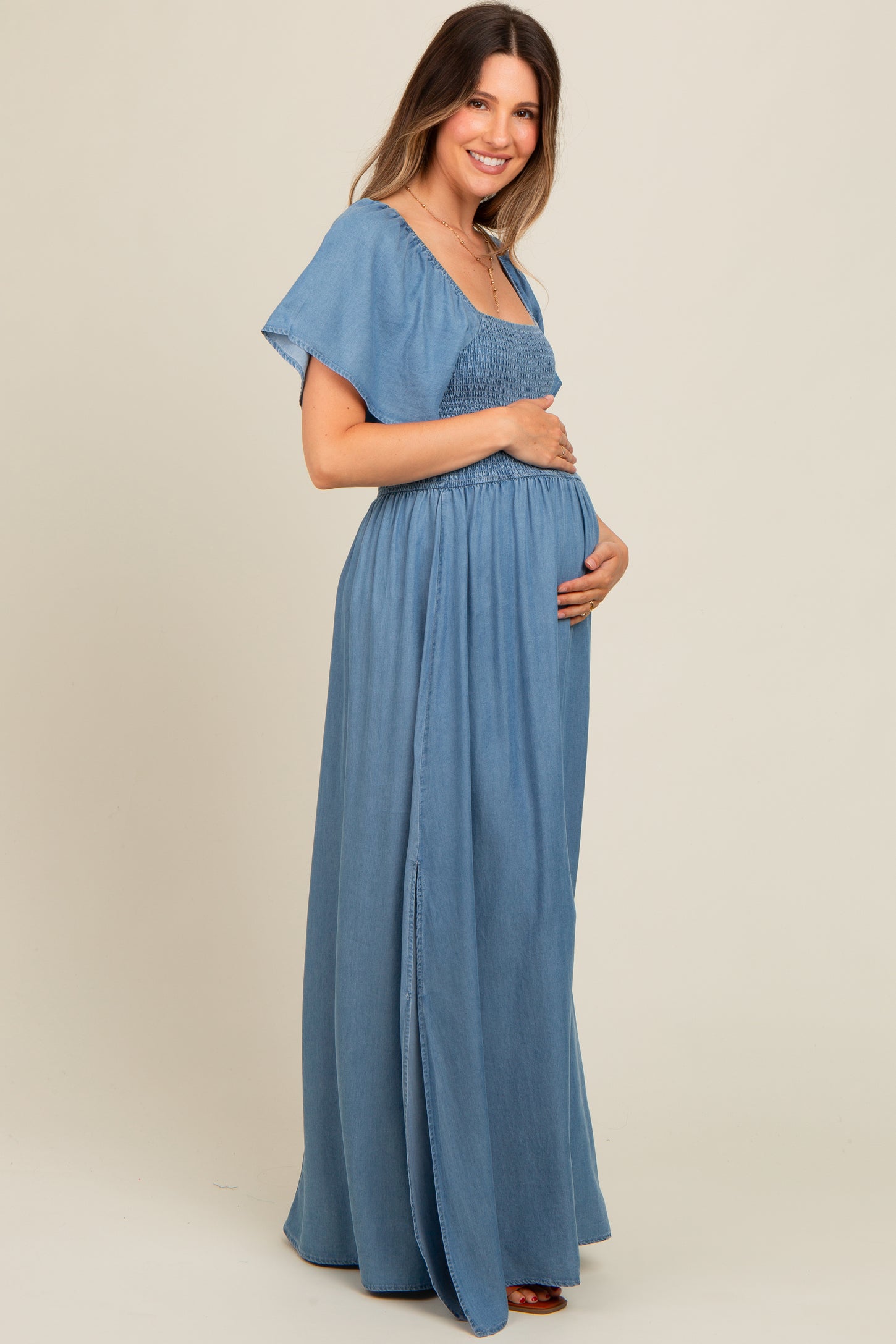 Light Blue Chambray Smocked Maternity Maxi Dress Light Blue Chambray Smocked Maternity Maxi Dress