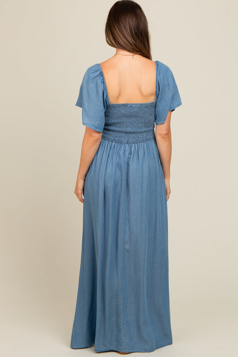 light blue maxi dress maternity Light Blue Chambray Smocked Maternity Maxi Dress