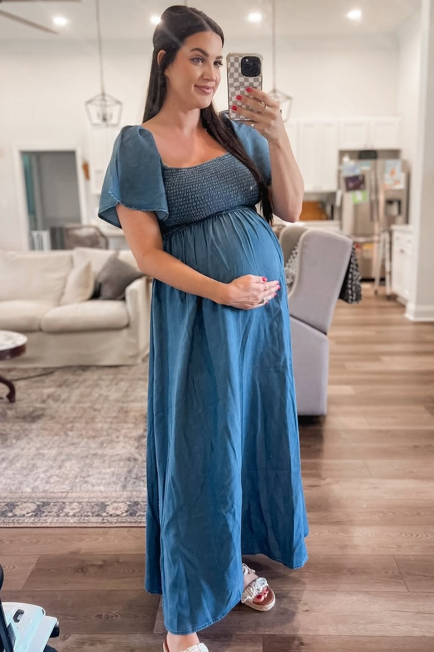 Light Blue Chambray Smocked Maternity Maxi Dress