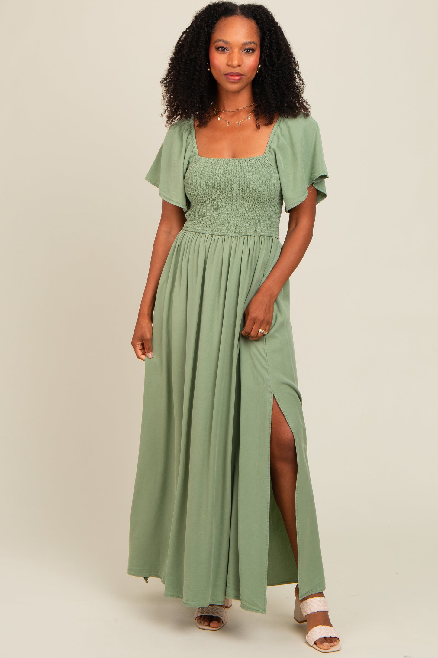 Light Olive Chambray Smocked Maternity Maxi Dress Light Olive Chambray Smocked Maternity Maxi Dress