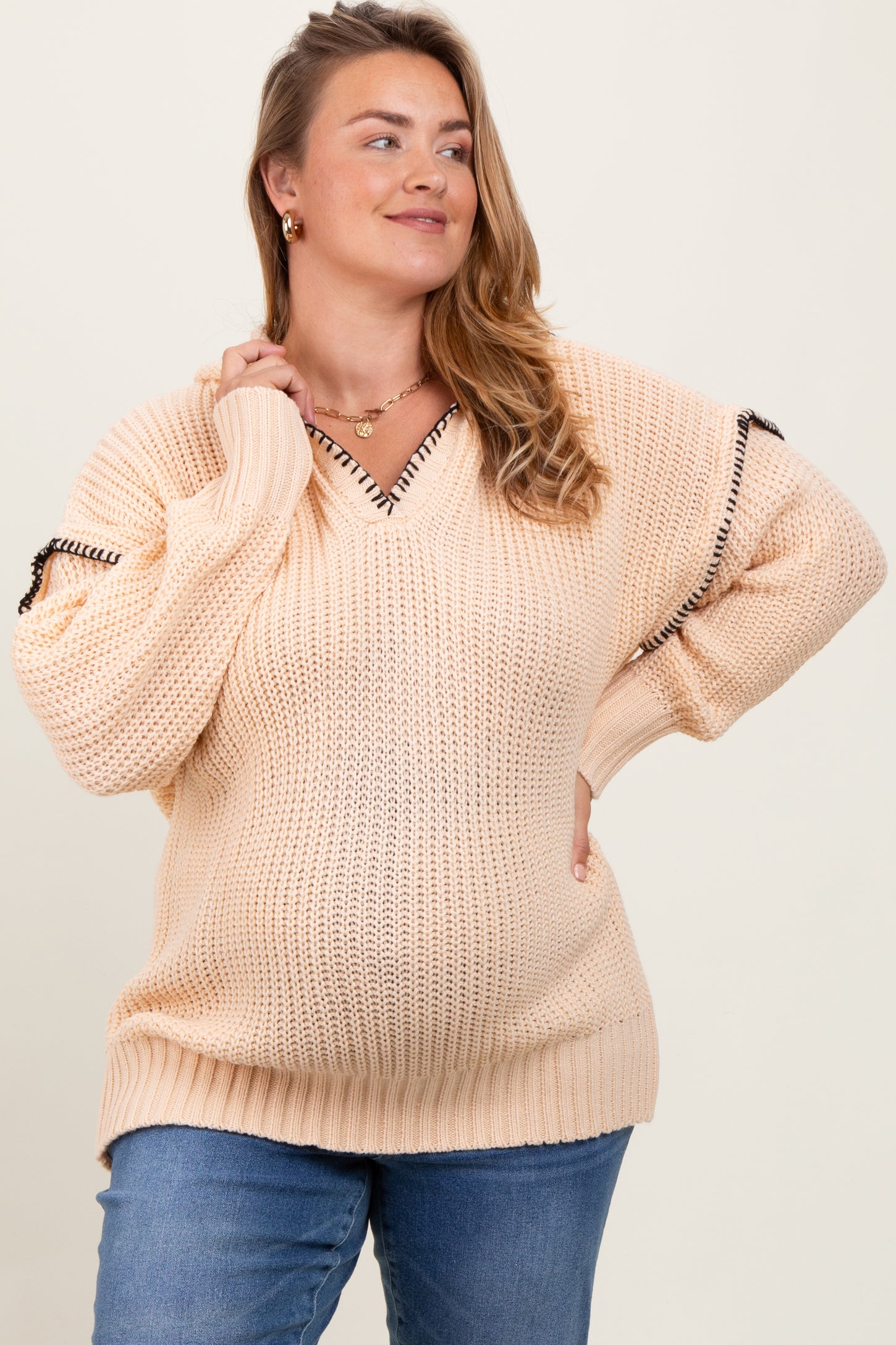 Beige Contrast Stitch Hooded Maternity Plus Sweater