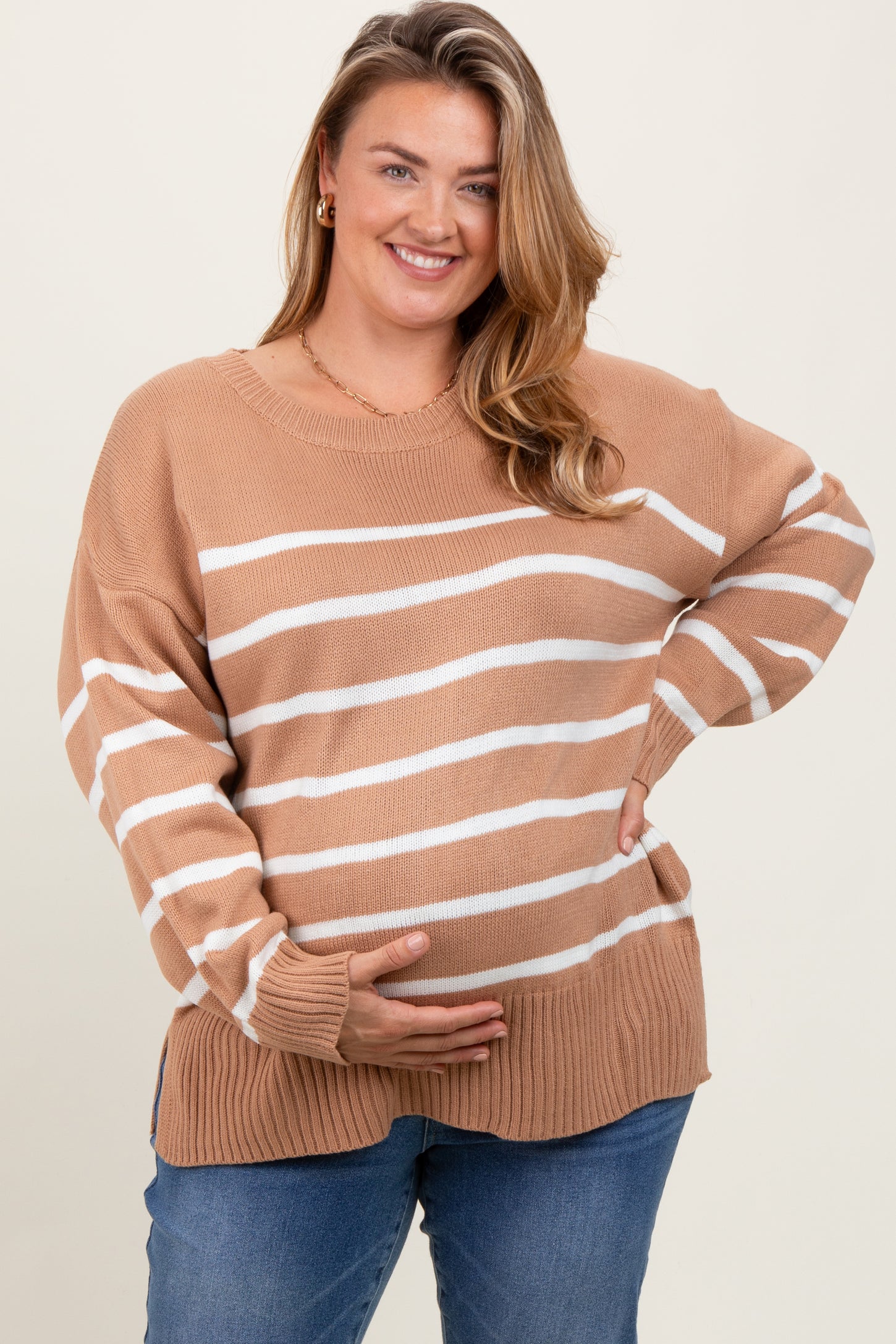 Taupe Striped Side Slit Maternity Plus Sweater